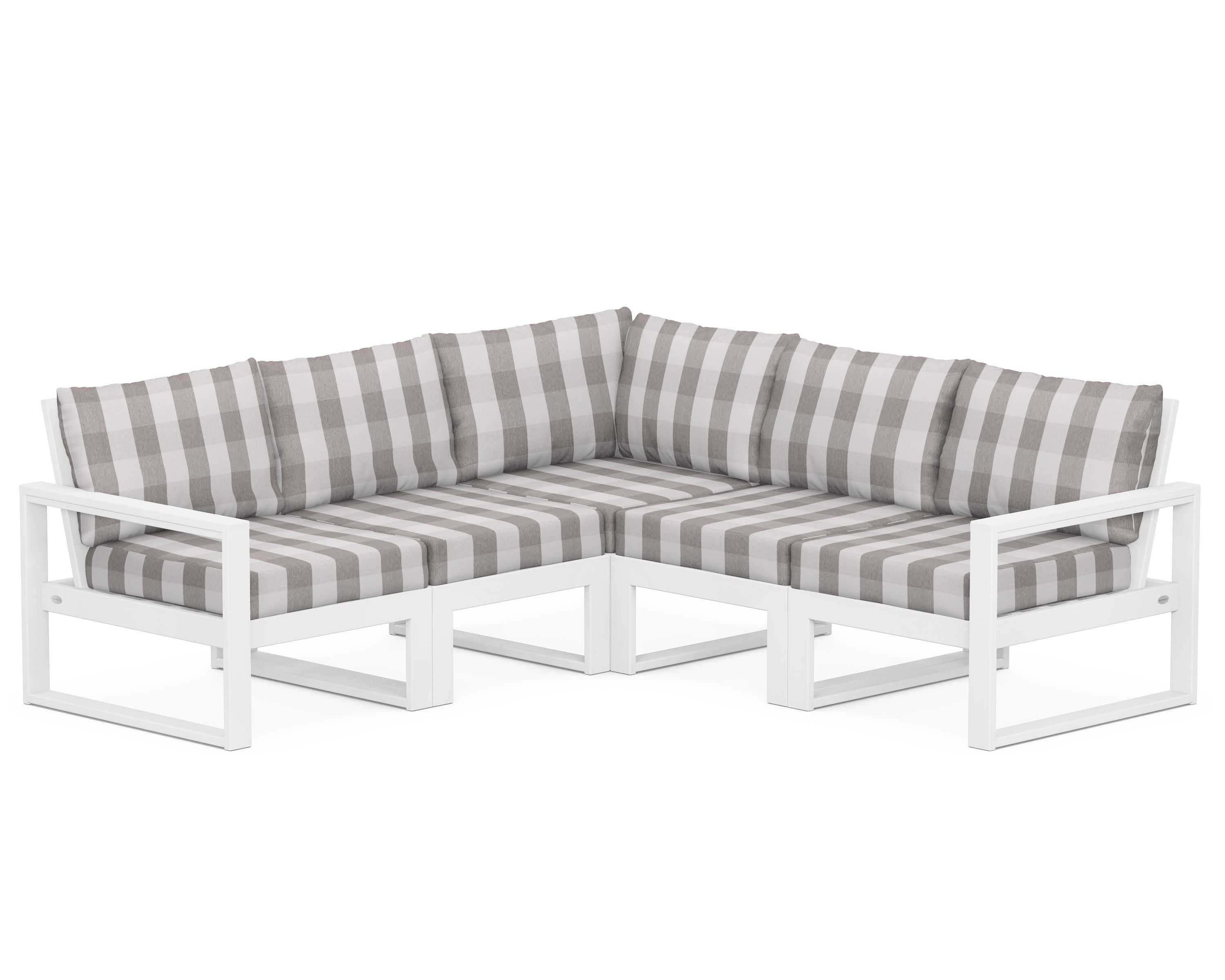 POLYWOOD® EDGE 5-Piece Modular Deep Seating Set in White / Buffalo Plaid Grey Mist