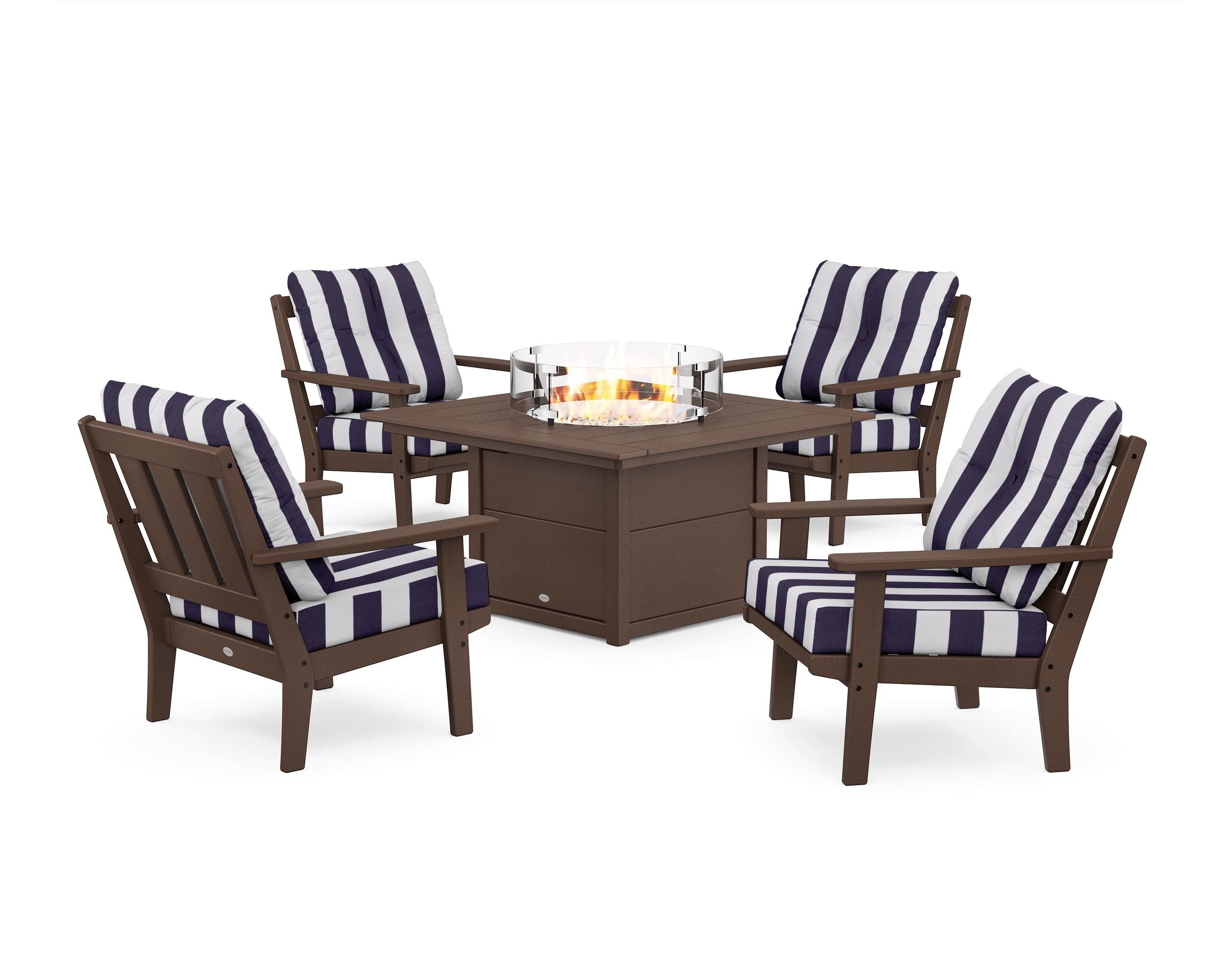 POLYWOOD® Oxford 5-Piece Deep Seating Set with Fire Pit Table in Mahogany / Cabana Stripe Navy