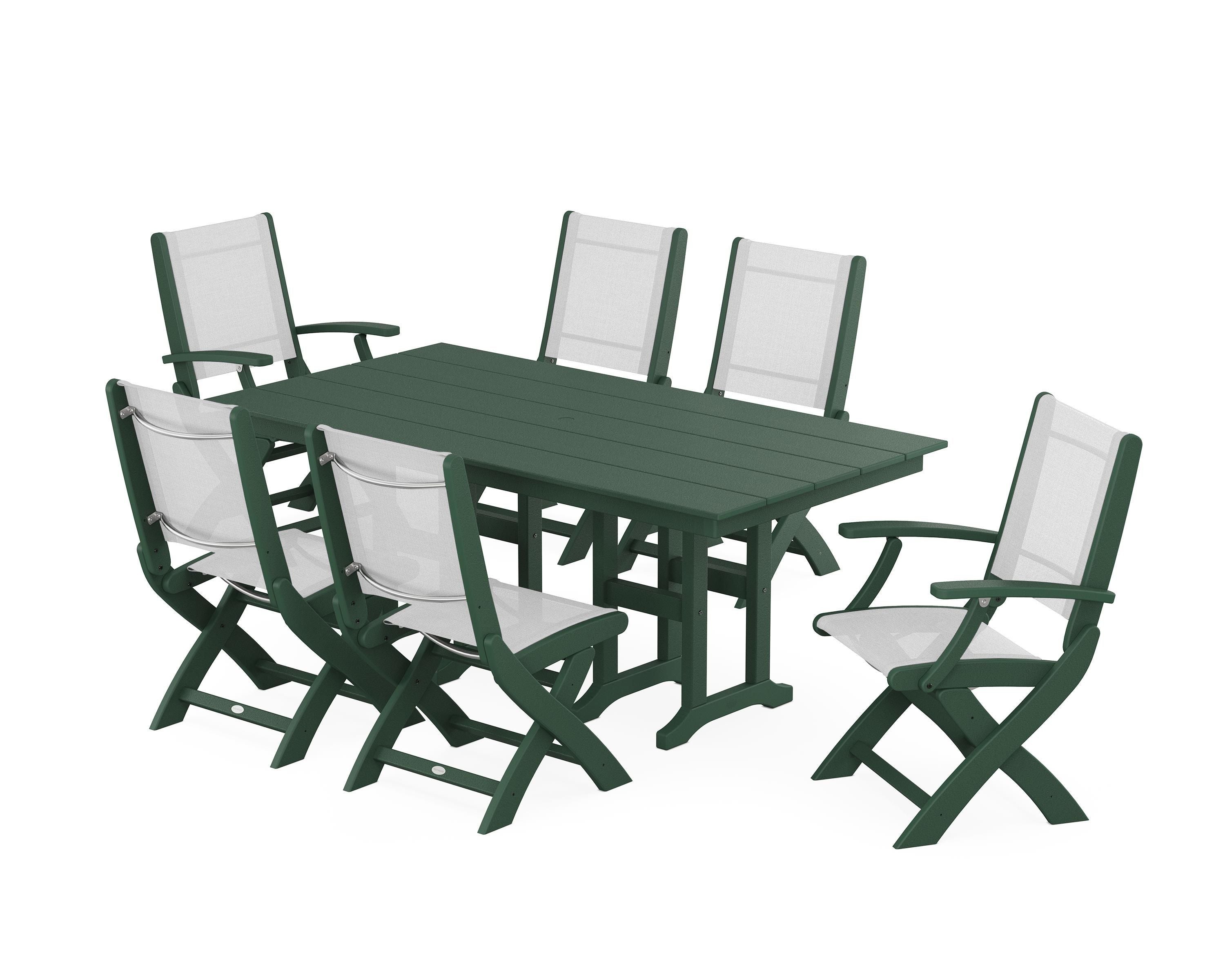 POLYWOOD® Coastal Folding Chair 7-Piece Farmhouse Dining Set in Green / White Sling