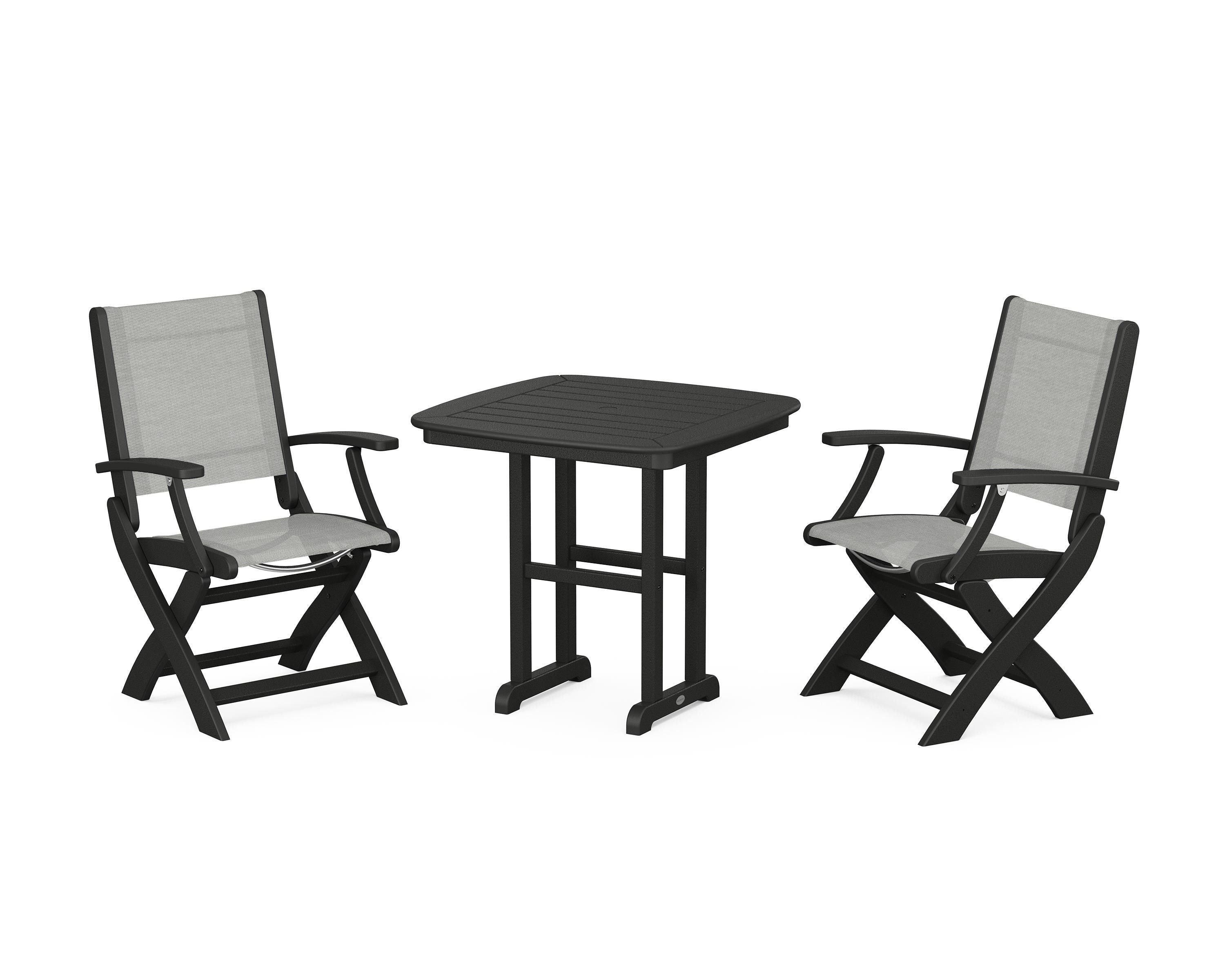 POLYWOOD® Coastal Folding Chair 3-Piece Dining Set in Black / Metallic Sling