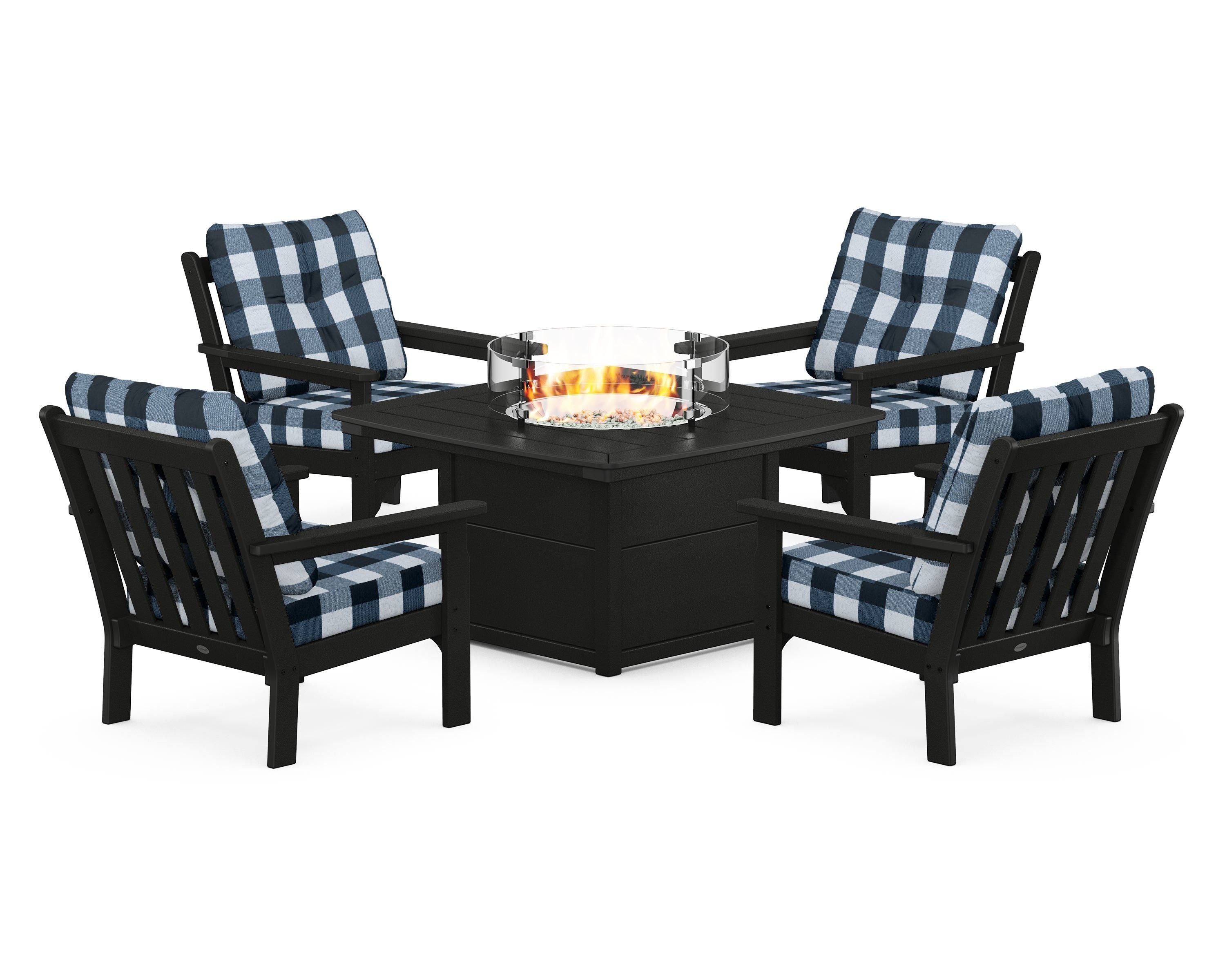 POLYWOOD® Vineyard 5-Piece Conversation Set with Fire Pit Table in Black / Buffalo Plaid Marine Indigo