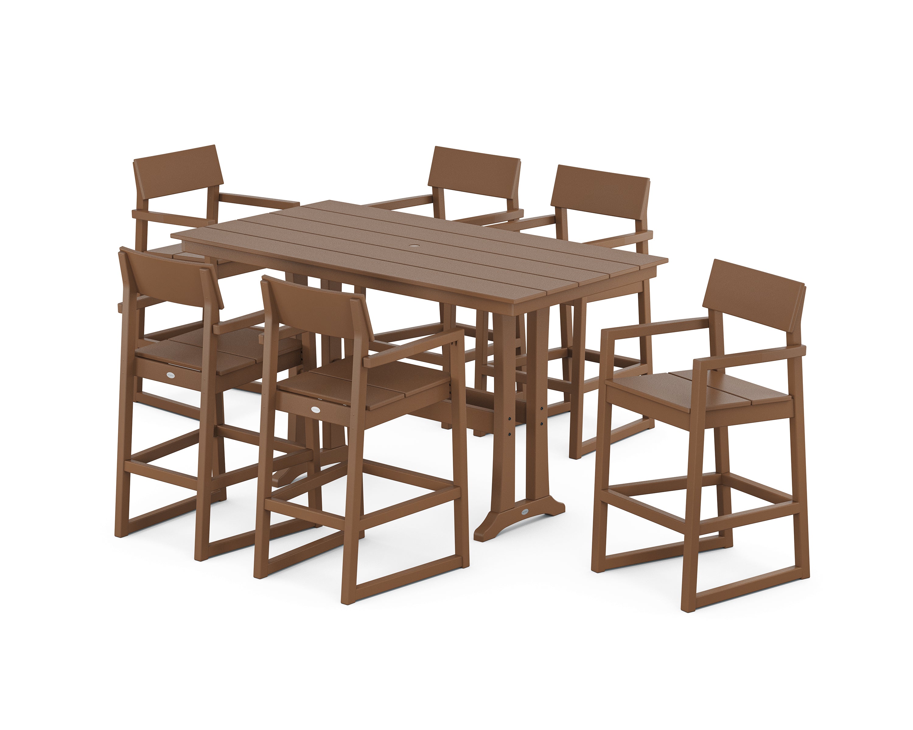 POLYWOOD® EDGE Arm Chair 7-Piece Farmhouse Bar Set with Trestle Legs in Teak