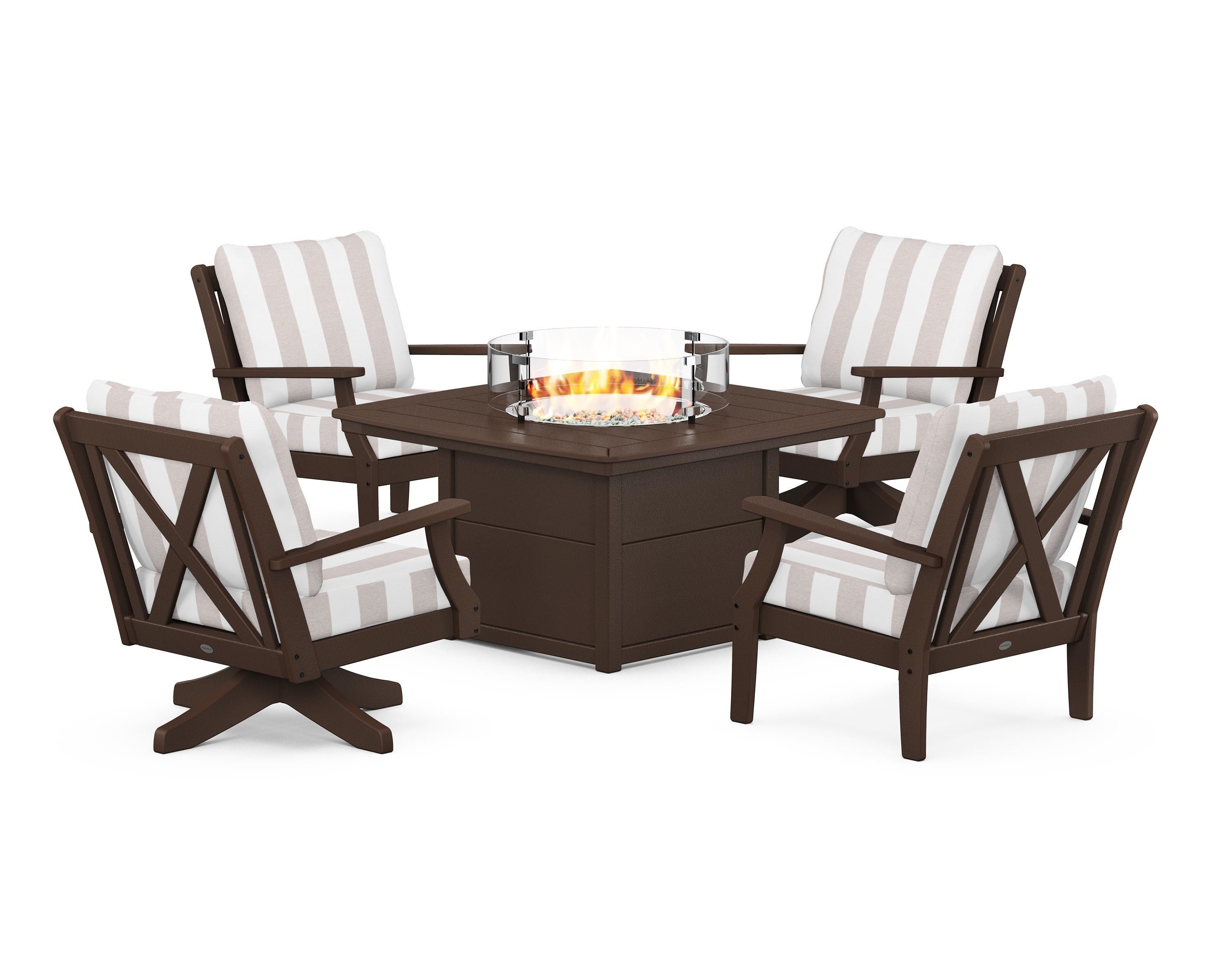POLYWOOD® Braxton 5-Piece Deep Seating Set with Fire Table in Mahogany / Cabana Stripe Dune Burlap