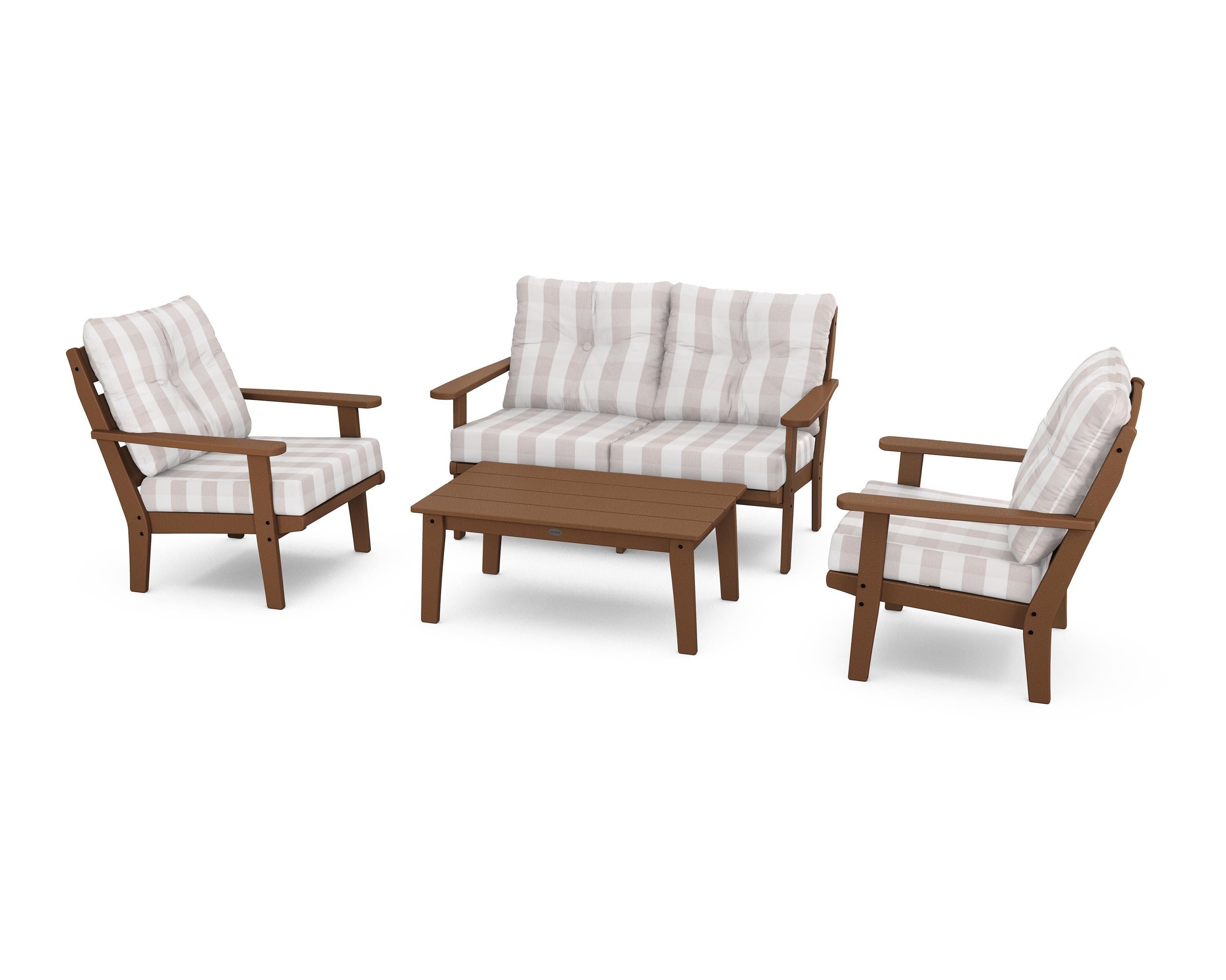 POLYWOOD® Lakeside 4-Piece Deep Seating Set in Teak / Buffalo Plaid Dune Burlap