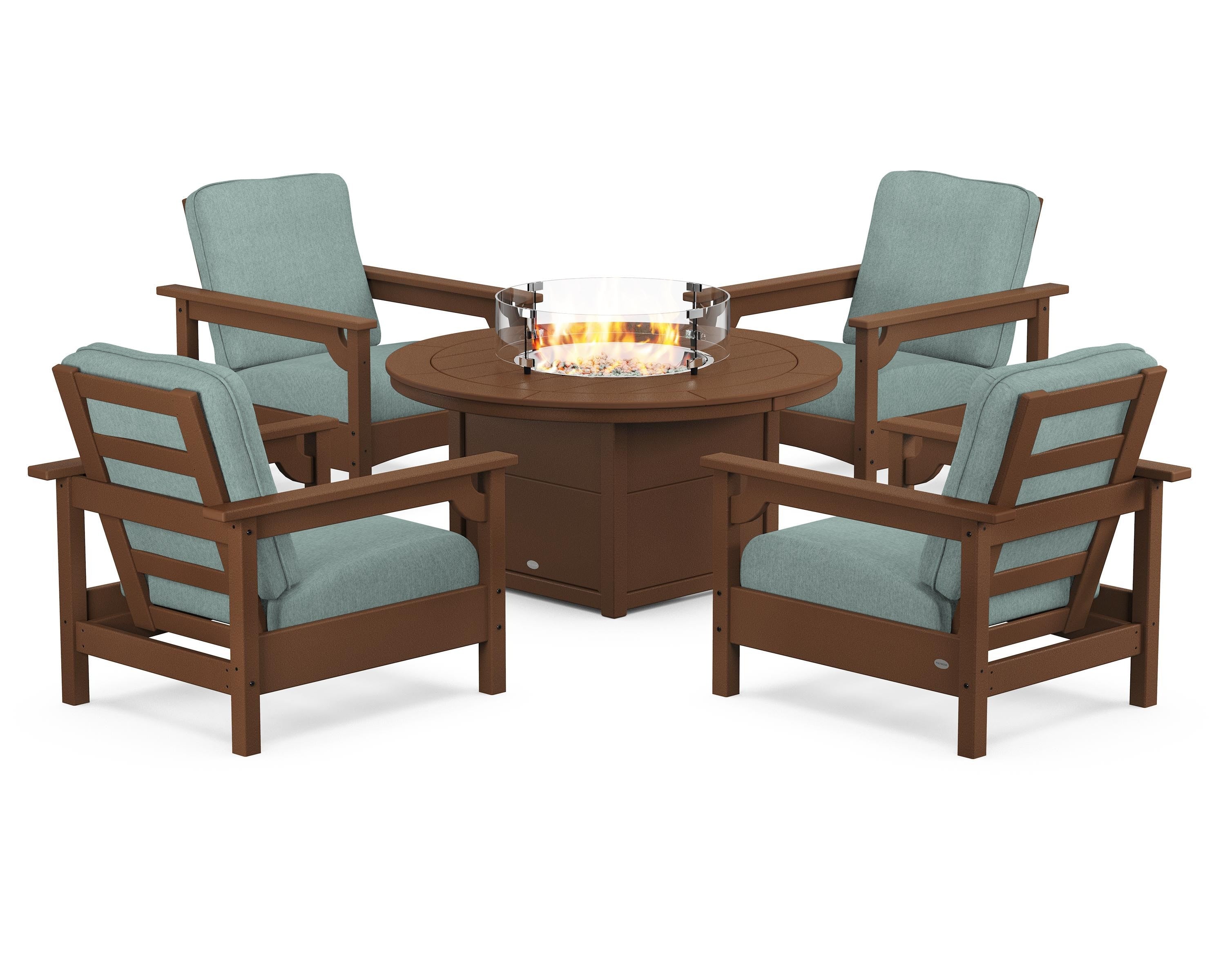 POLYWOOD® Club 5-Piece Conversation Set with Fire Pit Table in Teak / Glacier Spa