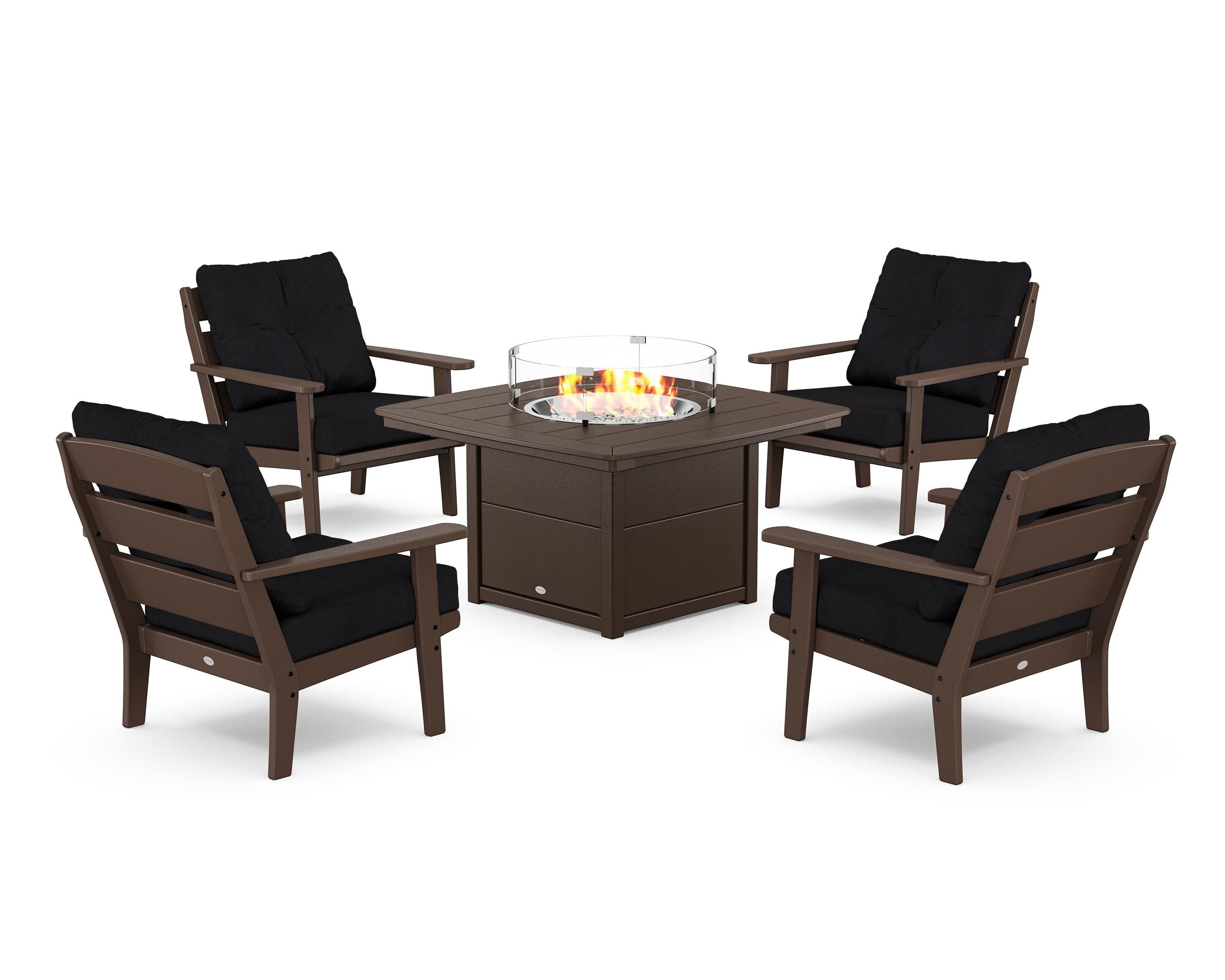 POLYWOOD® Lakeside 5-Piece Deep Seating Set with Nautical Fire Pit Table in Mahogany / Midnight Linen
