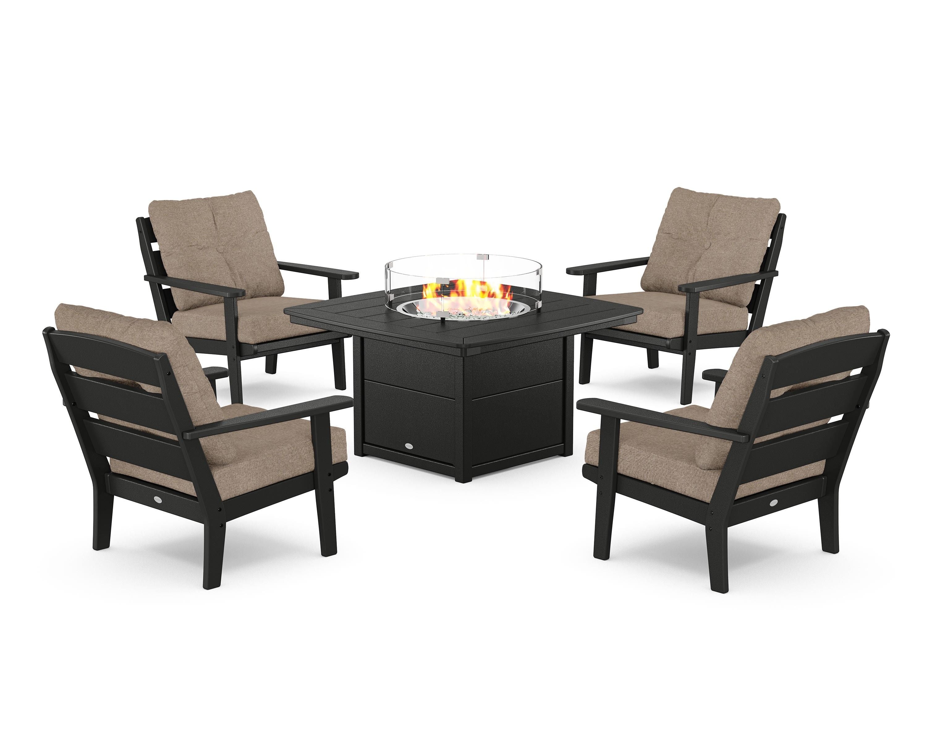 POLYWOOD® Lakeside 5-Piece Deep Seating Set with Nautical Fire Pit Table in Black / Spiced Burlap