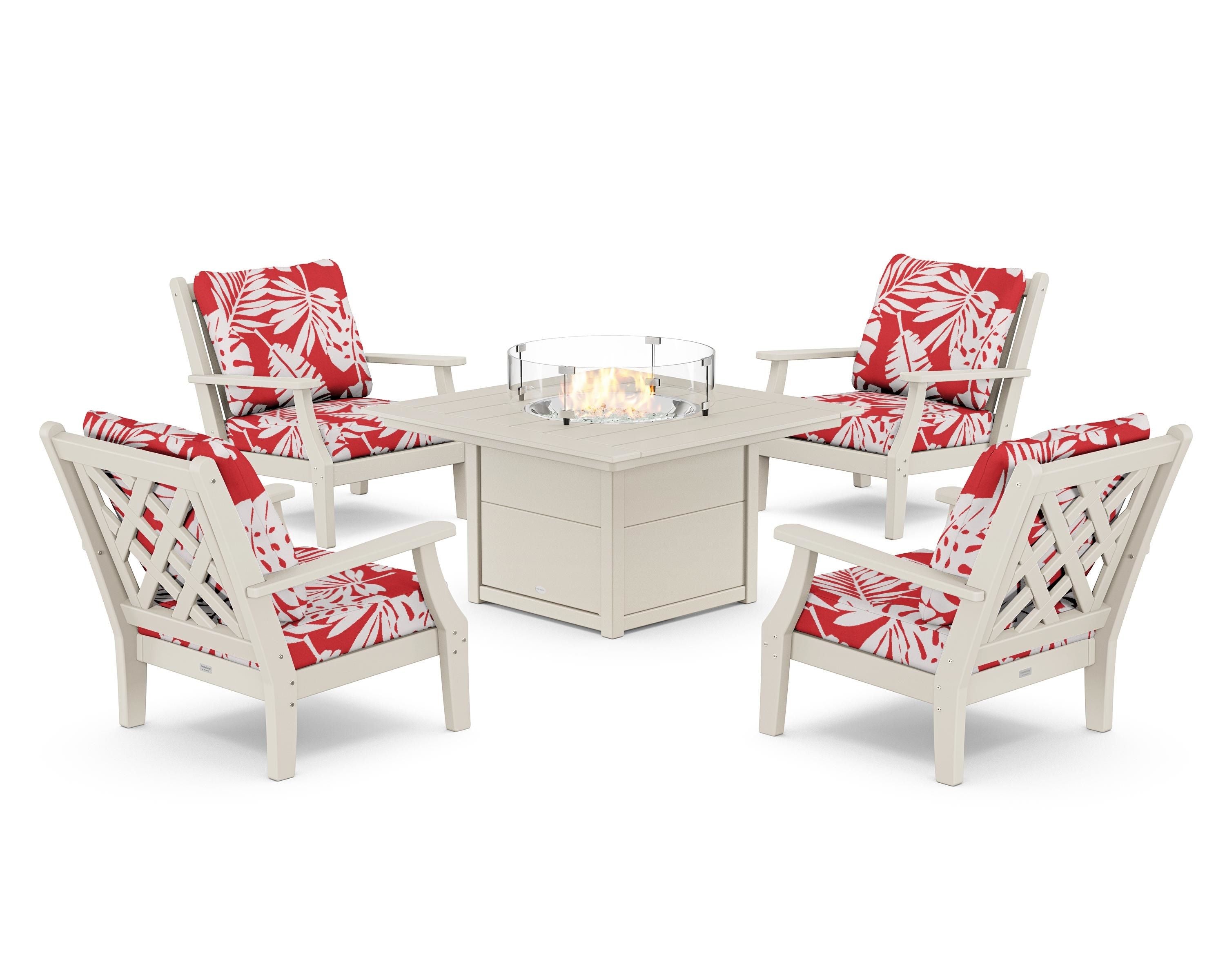 Country Living Wovendale 5-Piece Deep Seating Set with Fire Pit Table in Sand / Leaf Crimson