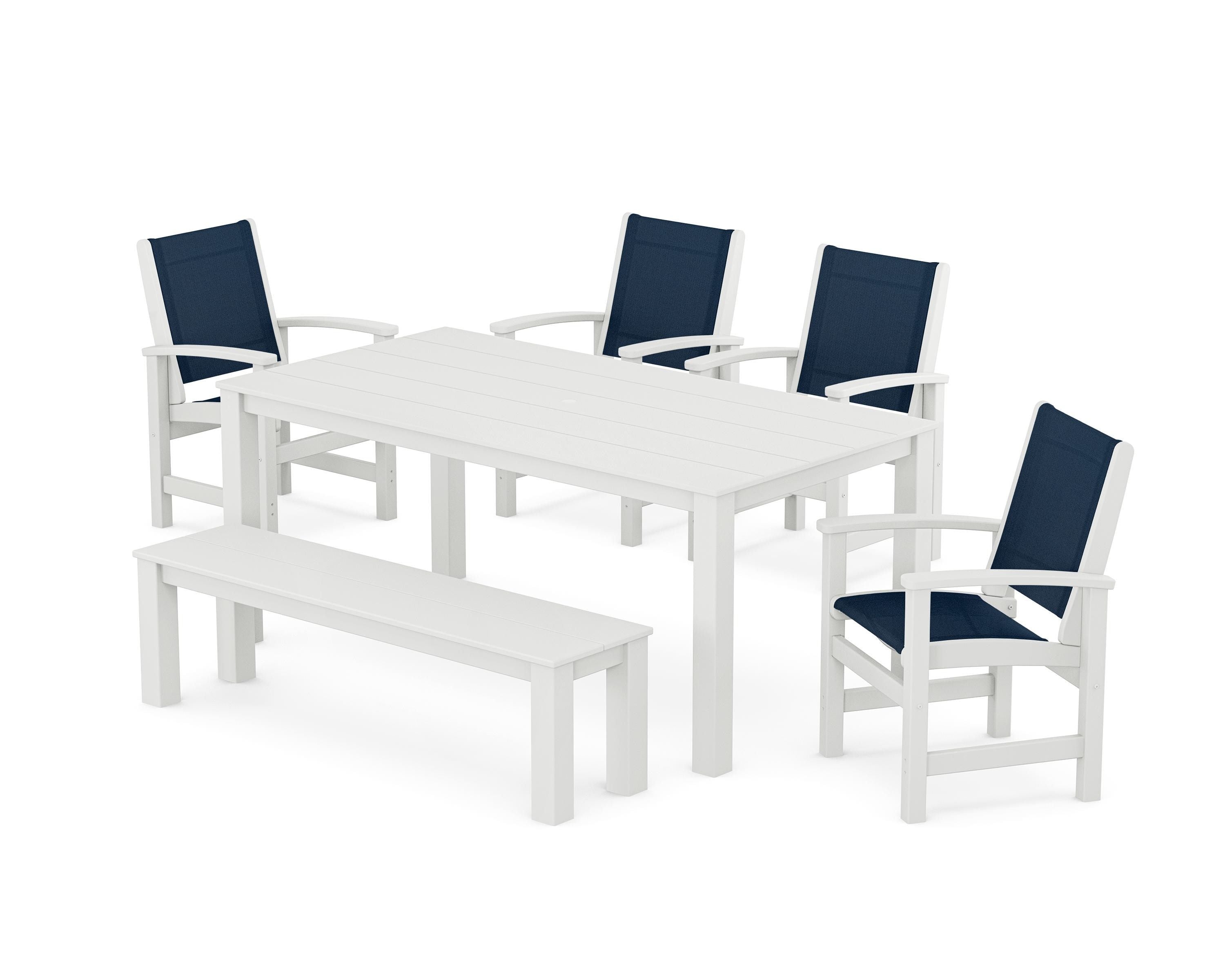 POLYWOOD® Coastal 6-Piece Parsons Dining Set with Bench in White / Navy Blue Sling
