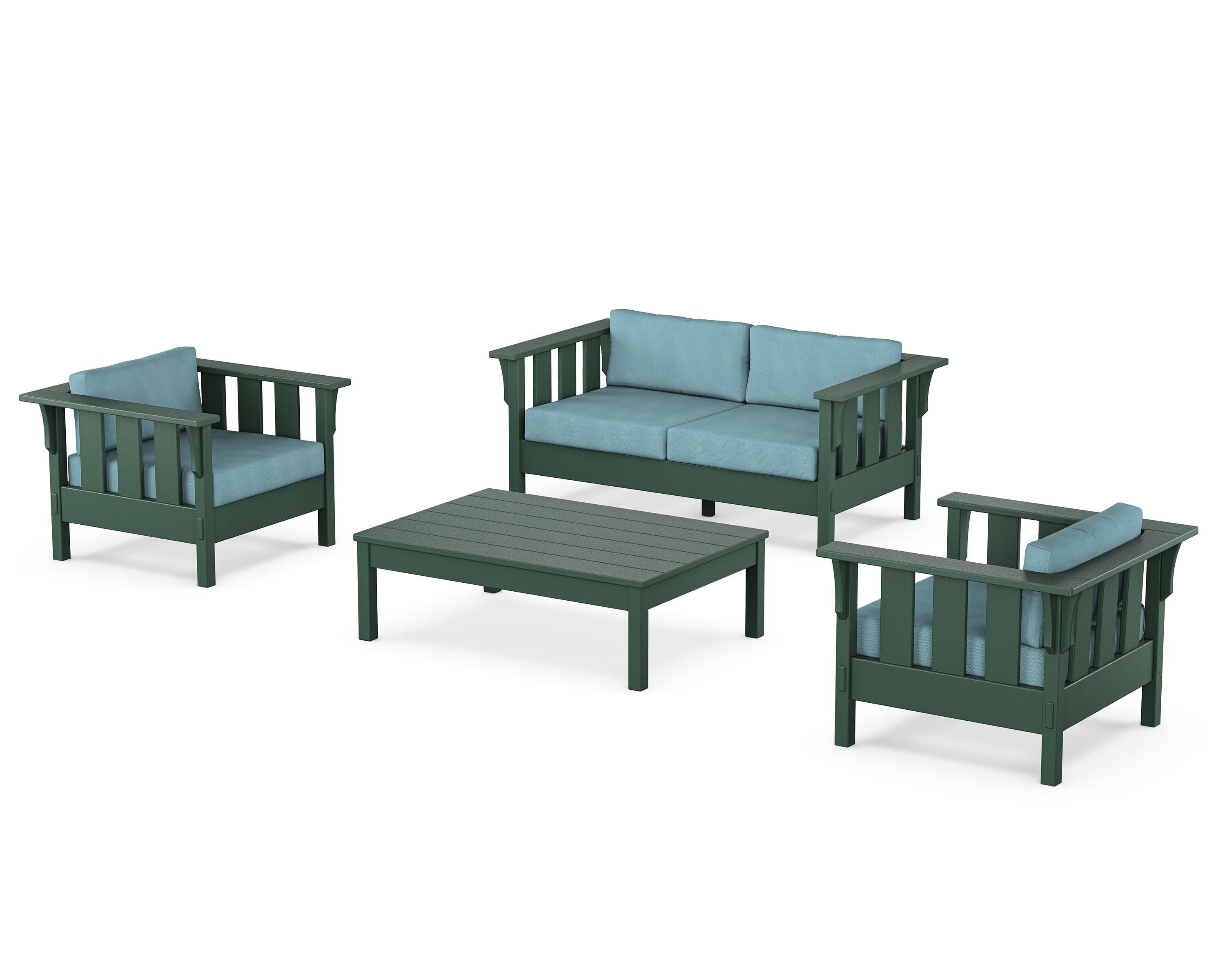 Martha Stewart by POLYWOOD® Acadia 4-Piece Deep Seating Set with Loveseat in Green / Lattice Sky Blue