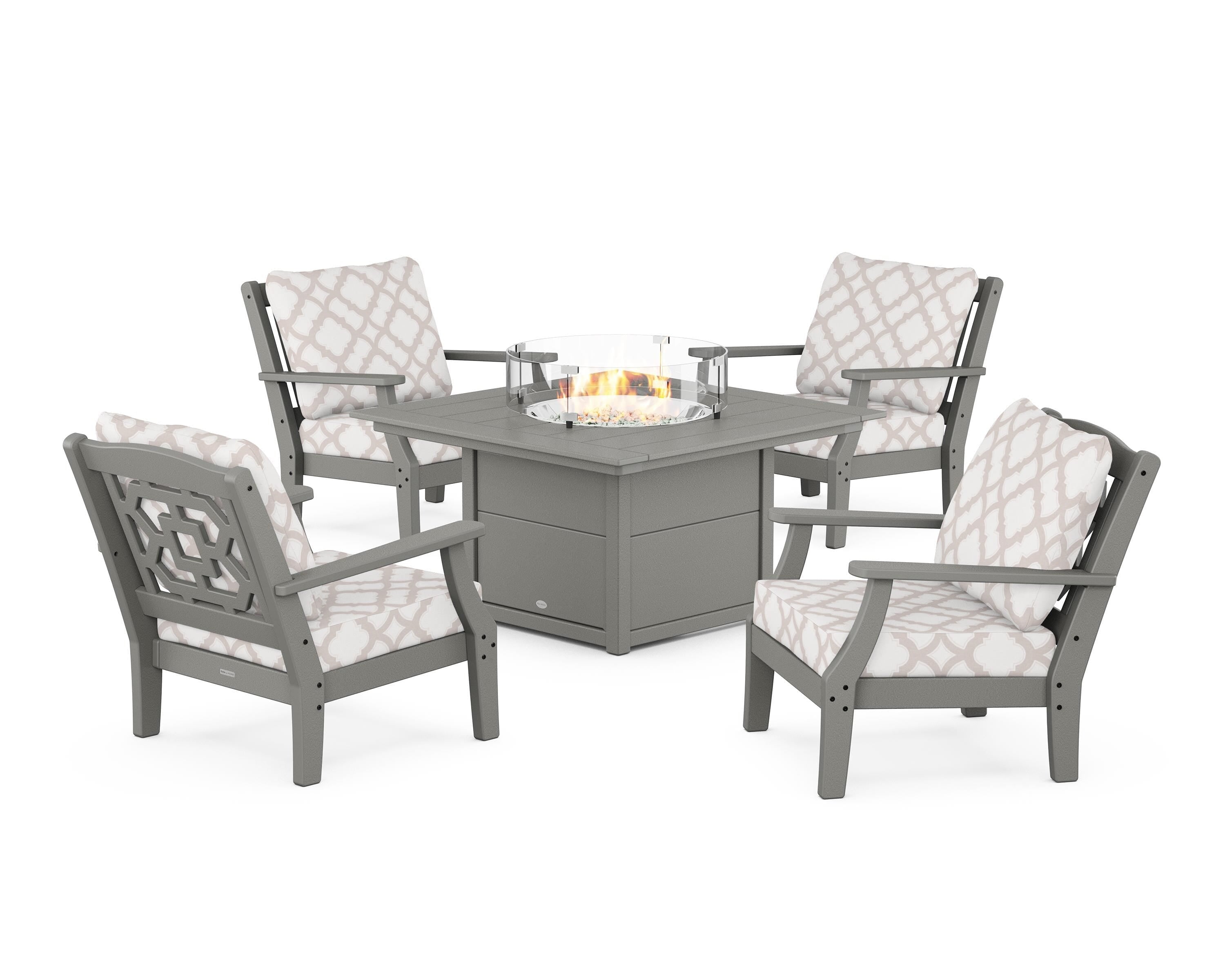 Martha Stewart by POLYWOOD® Chinoiserie 5-Piece Deep Seating Set with Fire Pit Table in Slate Grey / Trellis Dune Burlap
