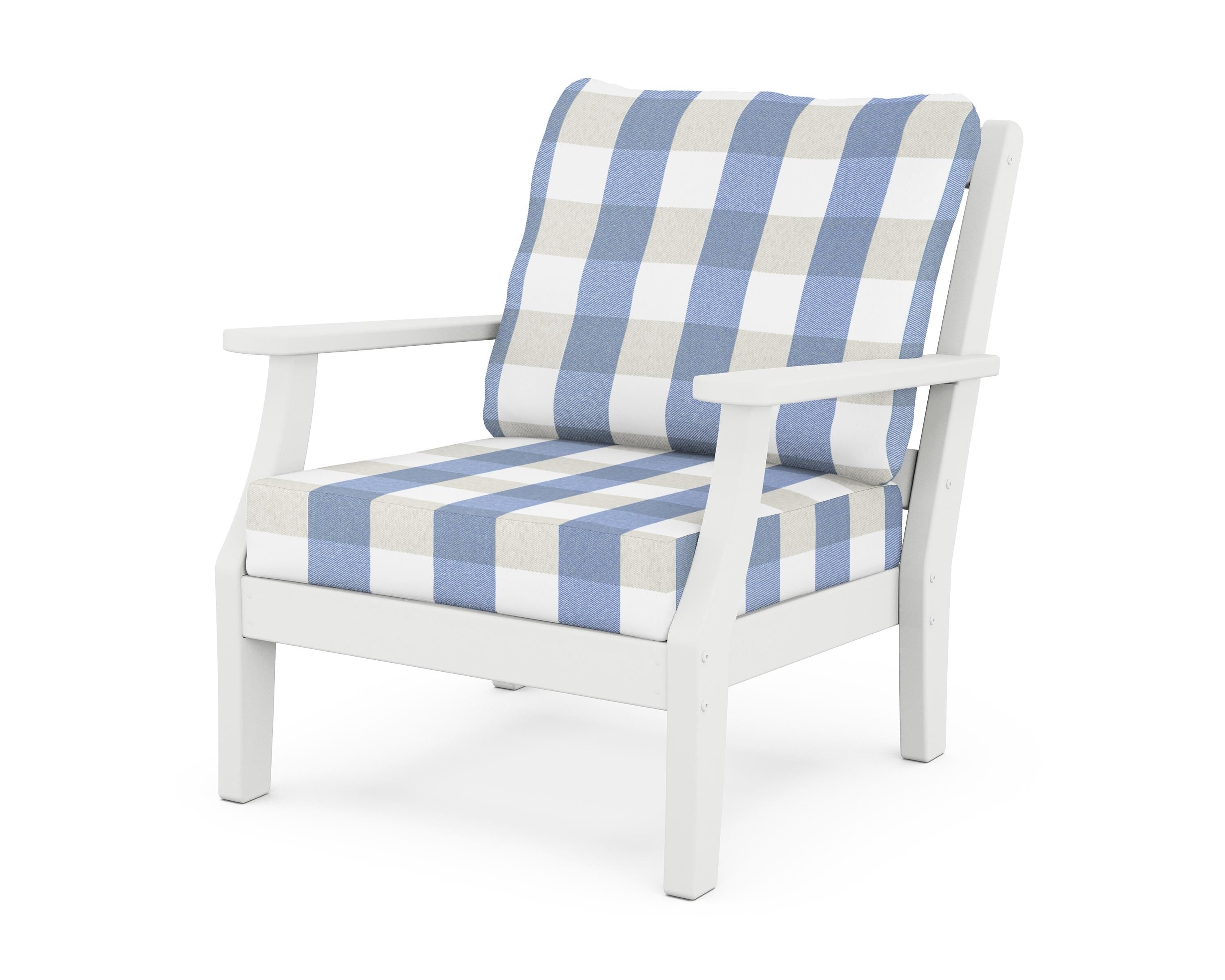 Martha Stewart by POLYWOOD® Chinoiserie Deep Seating Chair in White / Buffalo Plaid Sky Blue