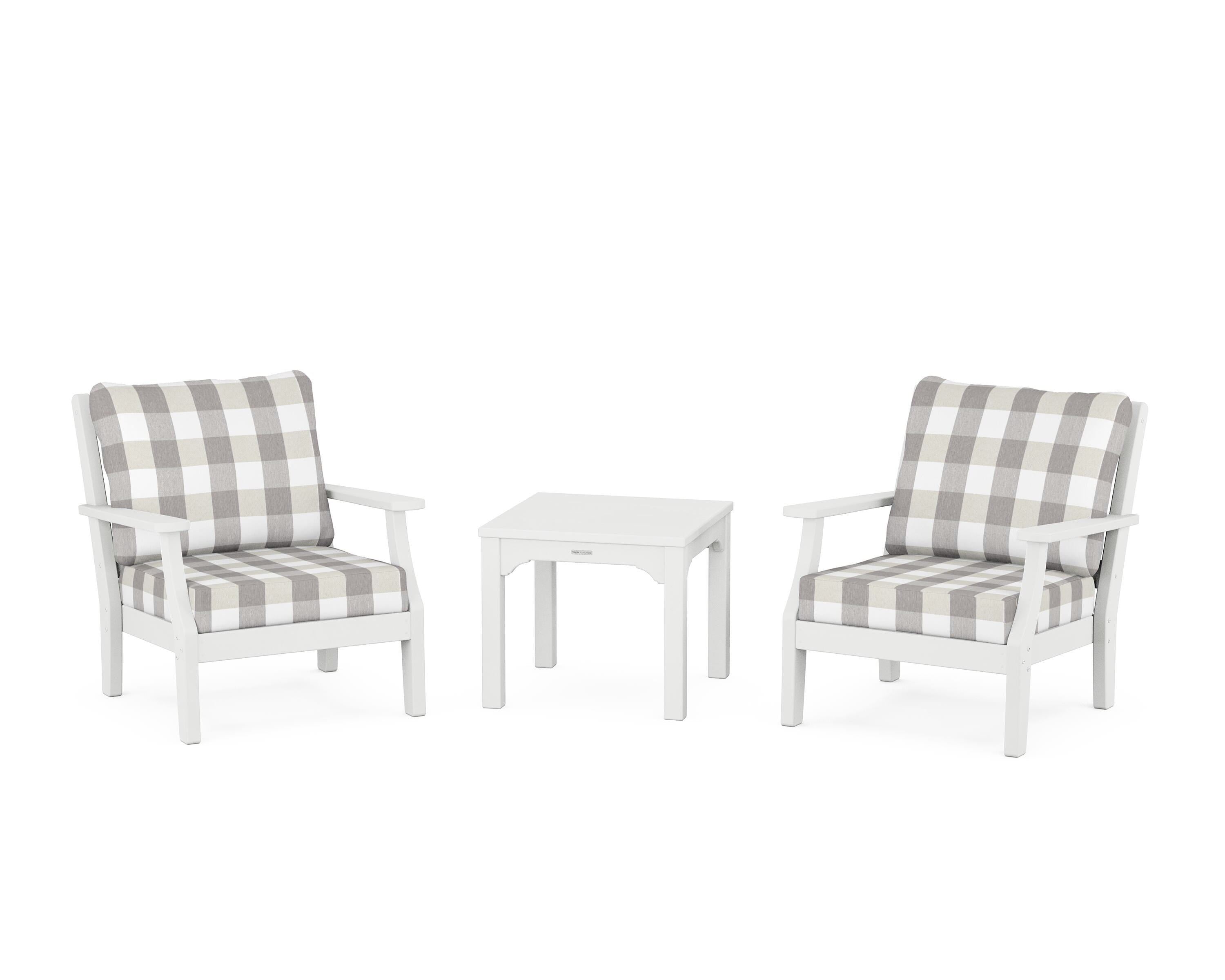 Martha Stewart by POLYWOOD® Chinoiserie 3-Piece Deep Seating Set in White / Buffalo Plaid Grey Mist