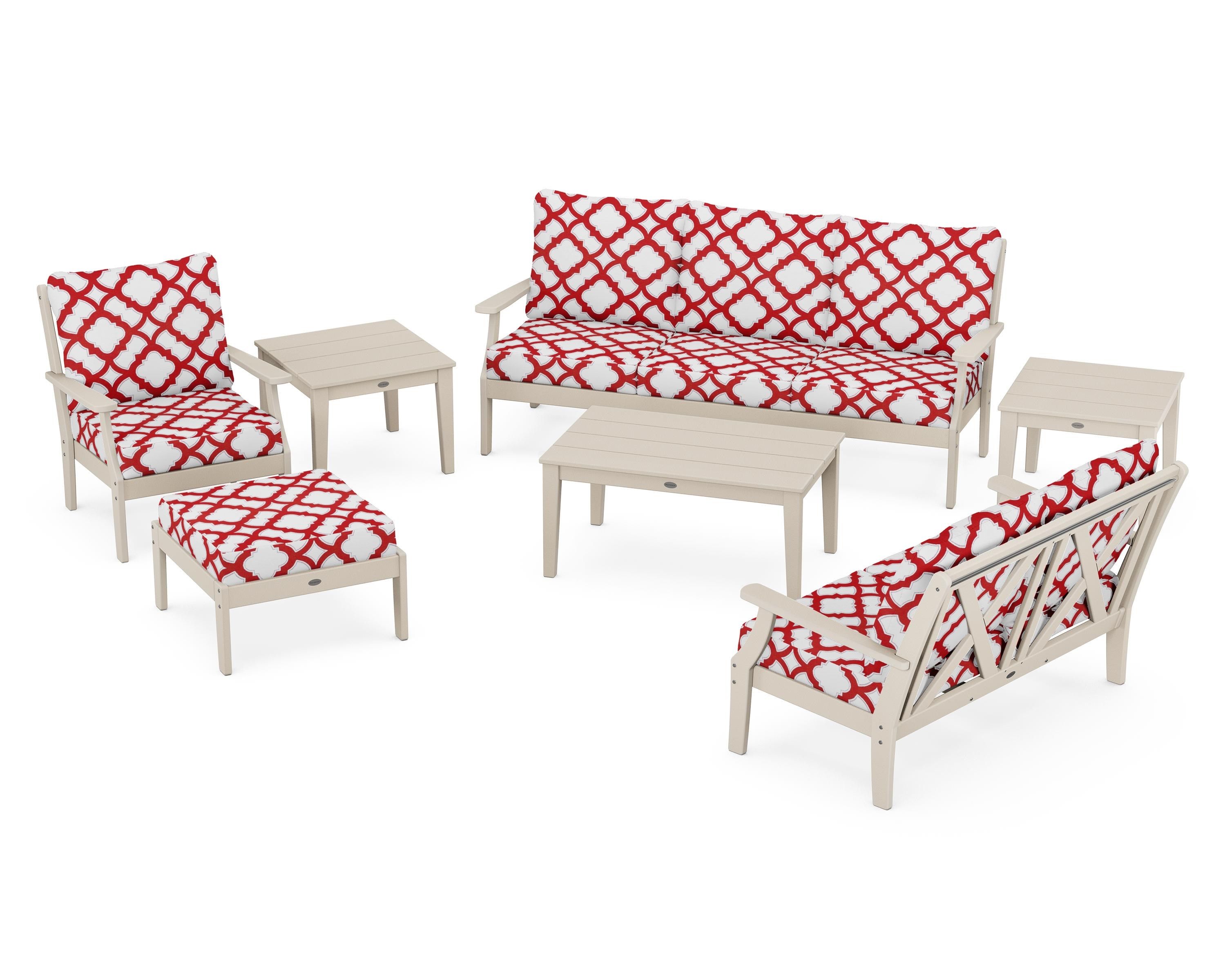 POLYWOOD® Braxton 7-Piece Deep Seating Set in Sand / Trellis Crimson