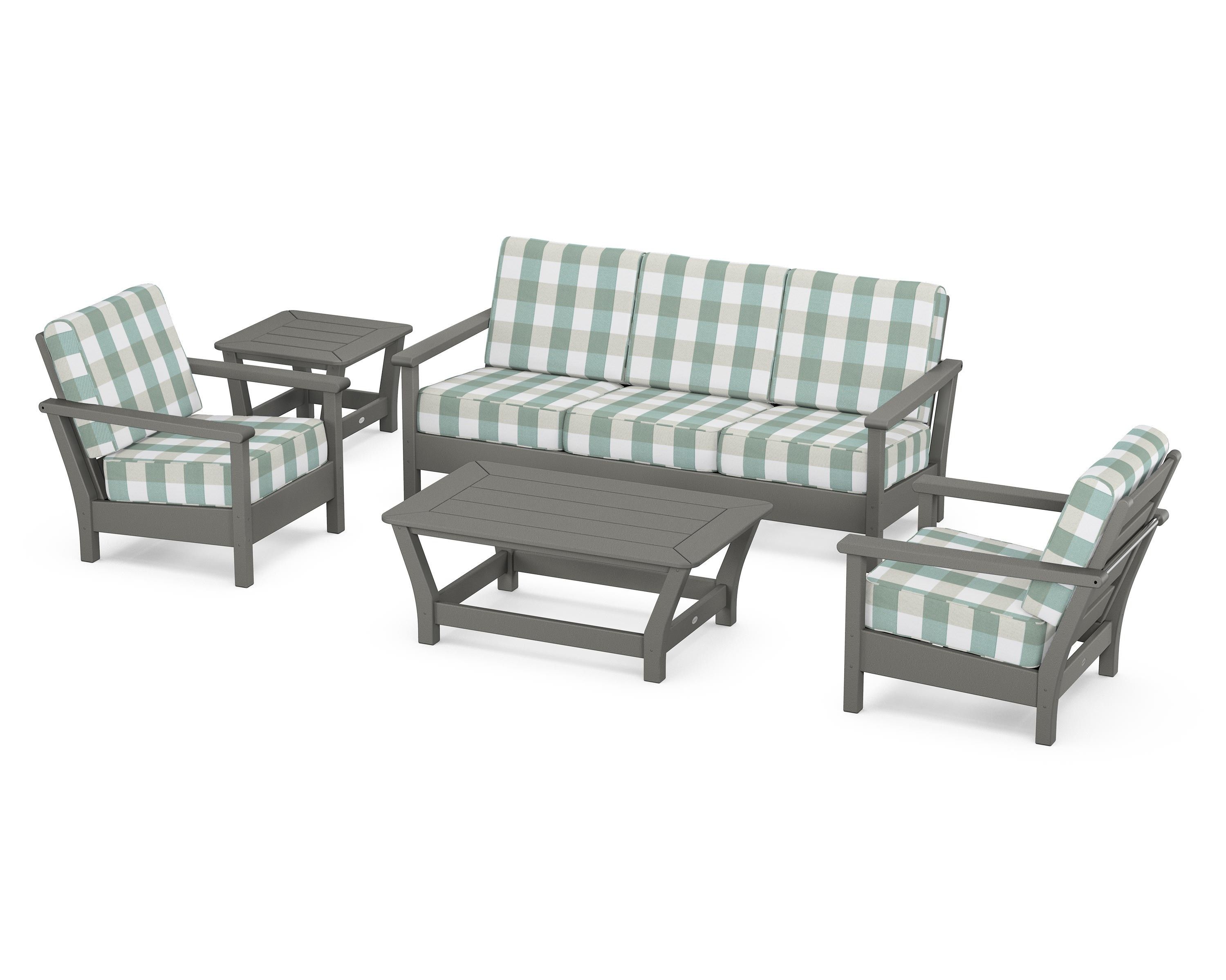POLYWOOD® Harbour 5-Piece Deep Seating Set in Slate Grey / Buffalo Plaid Glacier Spa
