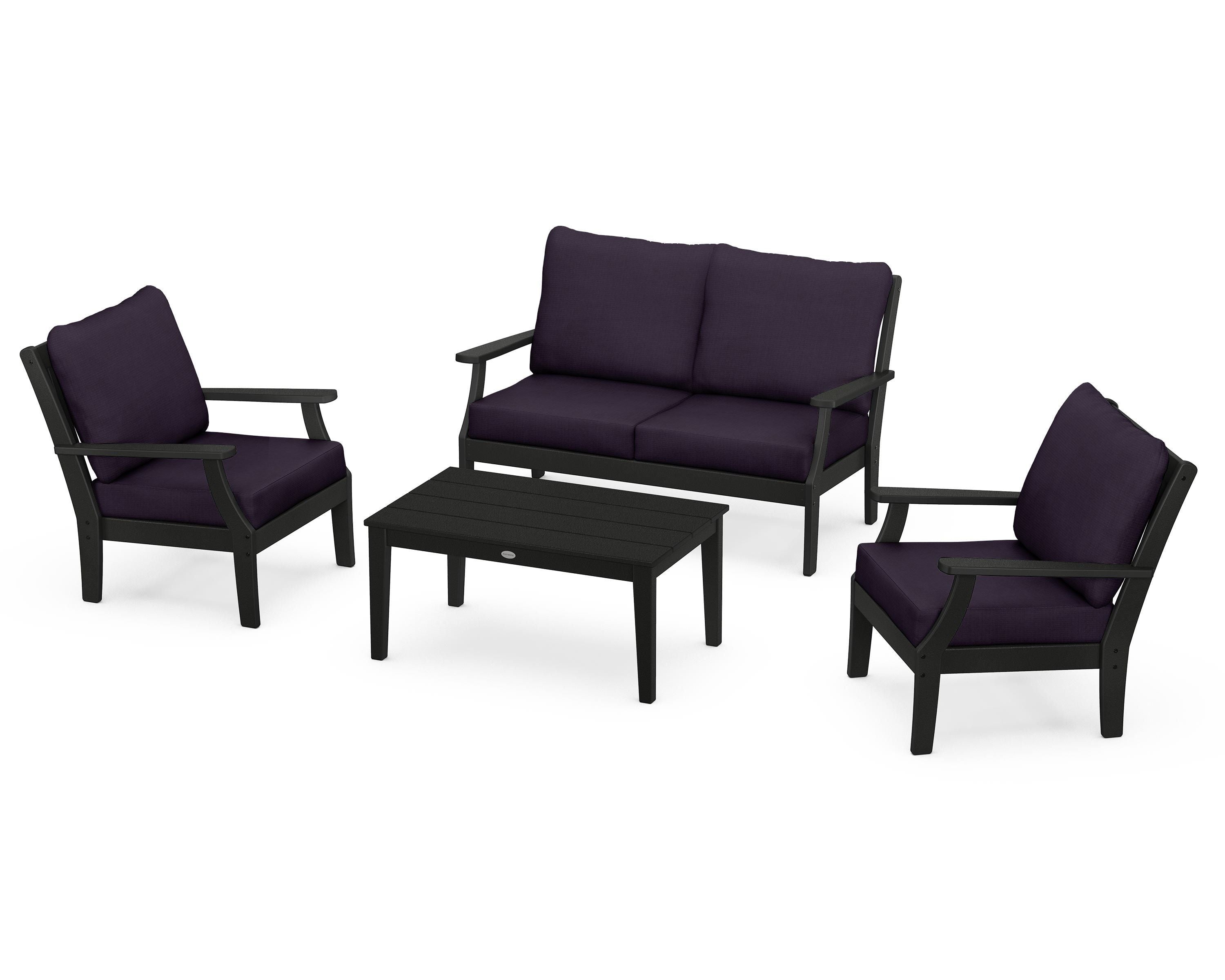 POLYWOOD® Braxton 4-Piece Deep Seating Chair Set in Black / Navy Linen