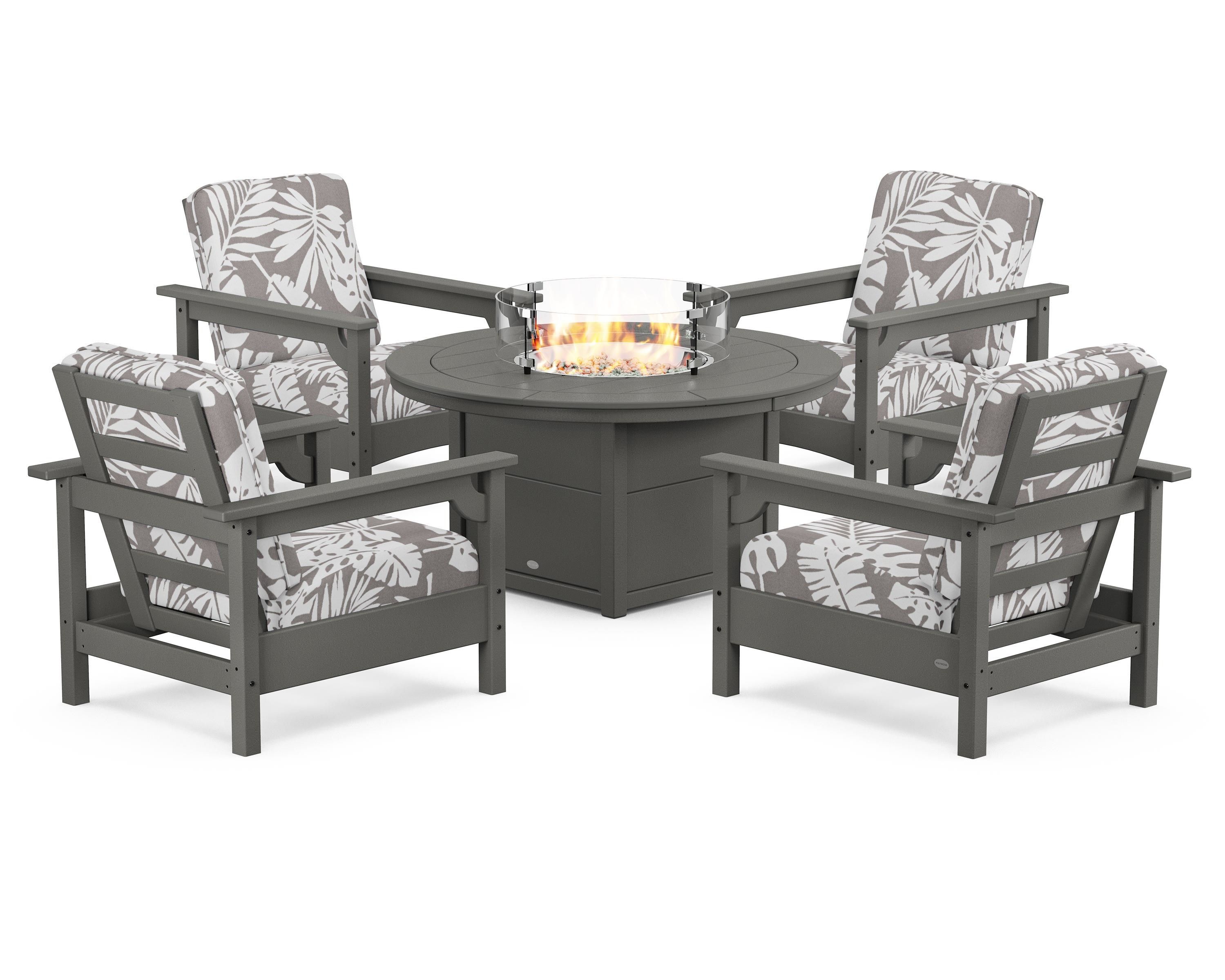 POLYWOOD® Club 5-Piece Conversation Set with Fire Pit Table in Slate Grey / Leaf Grey Mist