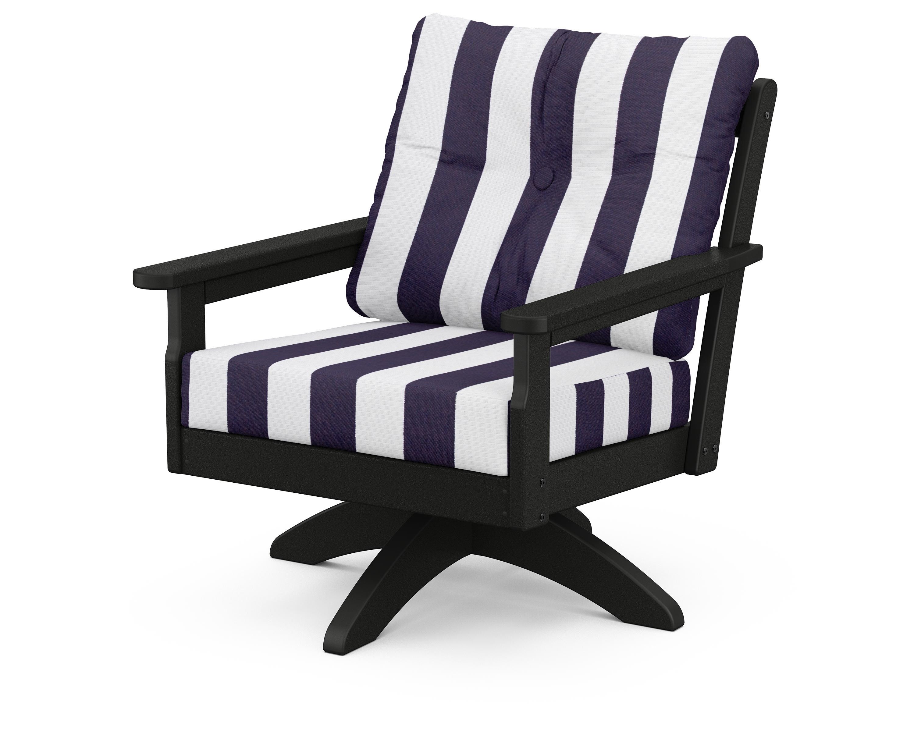 POLYWOOD® Vineyard Deep Seating Swivel Chair in Black / Cabana Stripe Navy