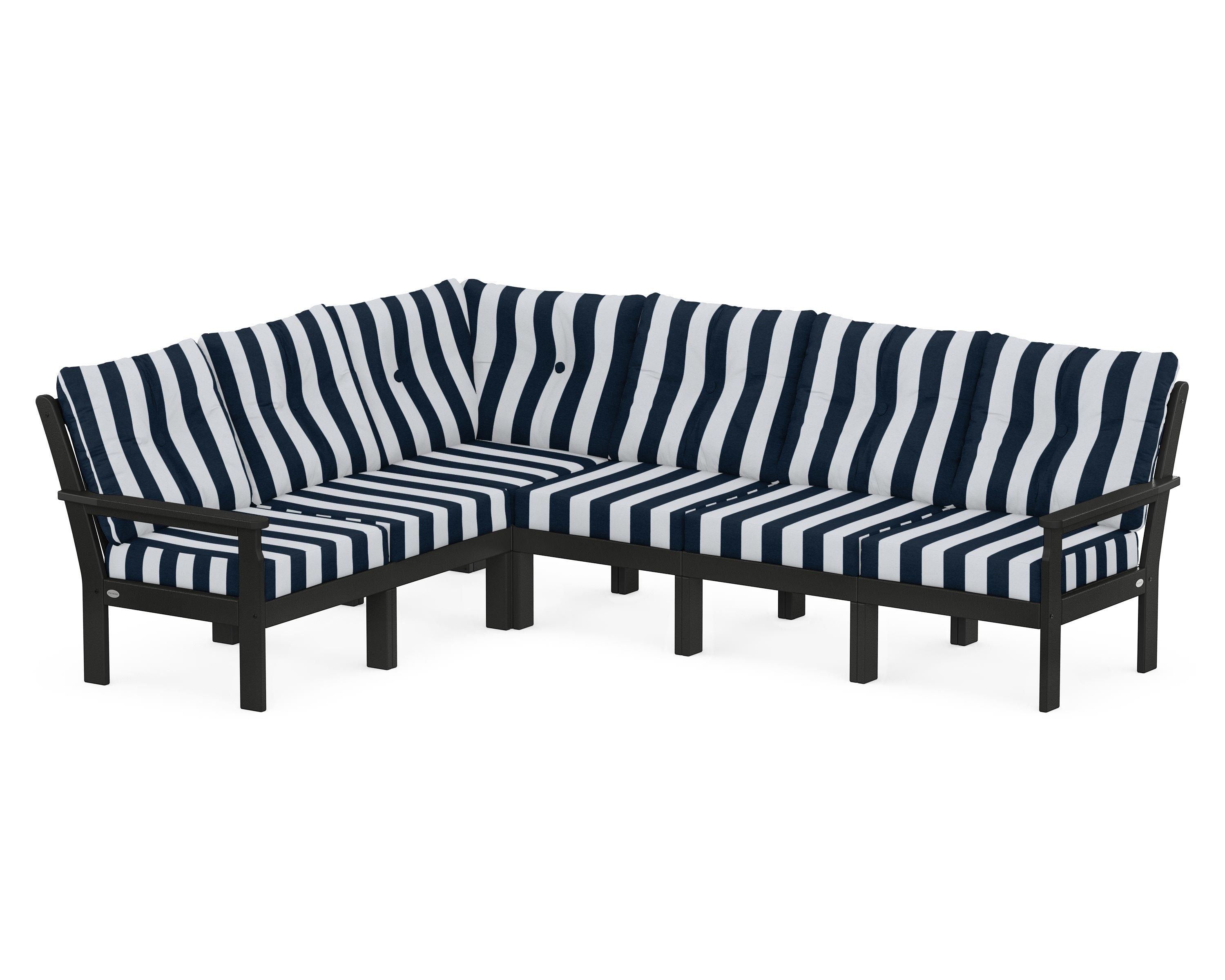 POLYWOOD® Vineyard 6-Piece Sectional in Black / Cabana Stripe Marine Indigo