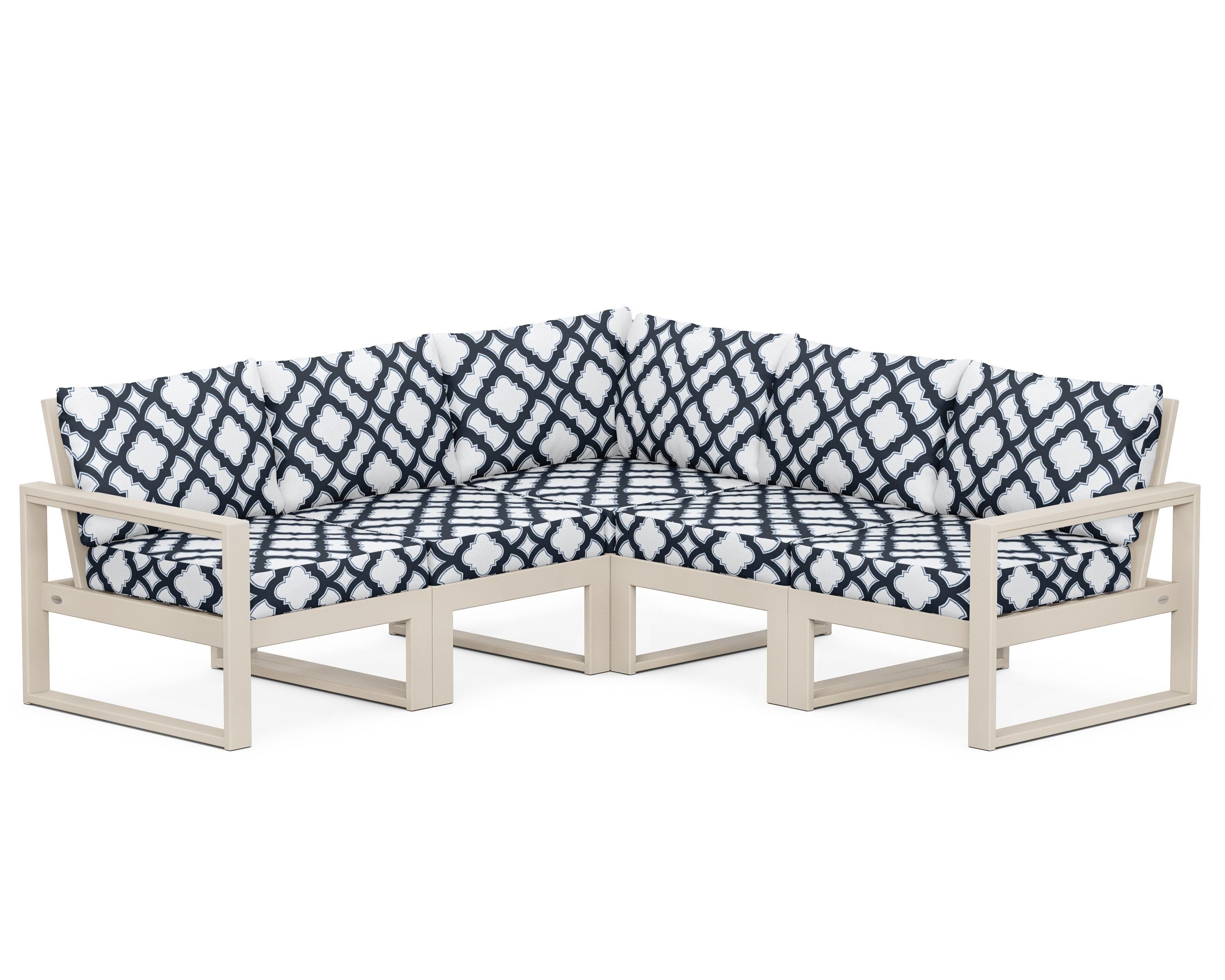 POLYWOOD® EDGE 5-Piece Modular Deep Seating Set in Sand / Trellis Marine Indigo