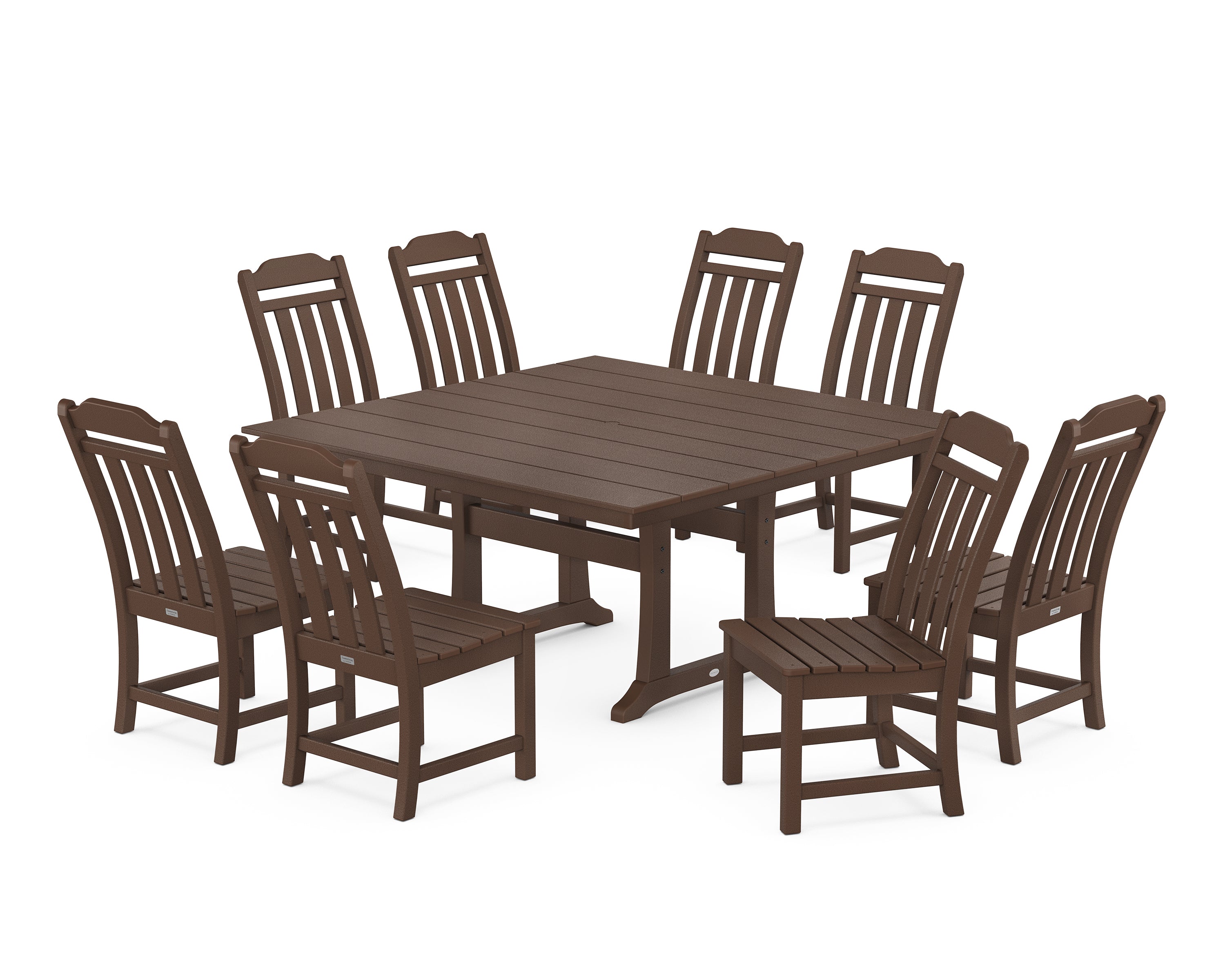 Country Living Cottage 9-Piece Square Farmhouse Side Chair Dining Set with Trestle Legs in Mahogany