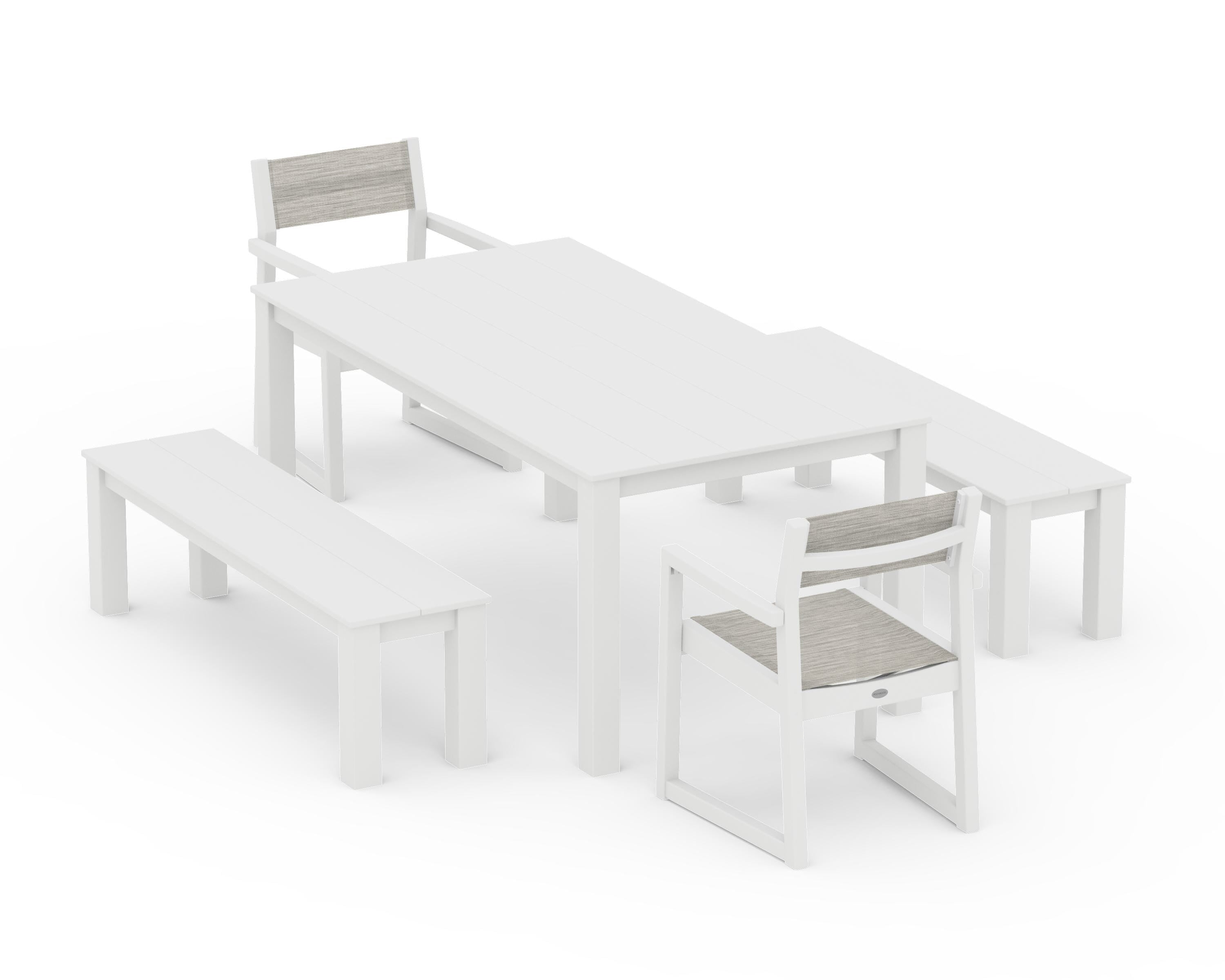 POLYWOOD® EDGE Sling Arm Chair 5-Piece Parsons Dining Set with Benches in White / Birch Sling