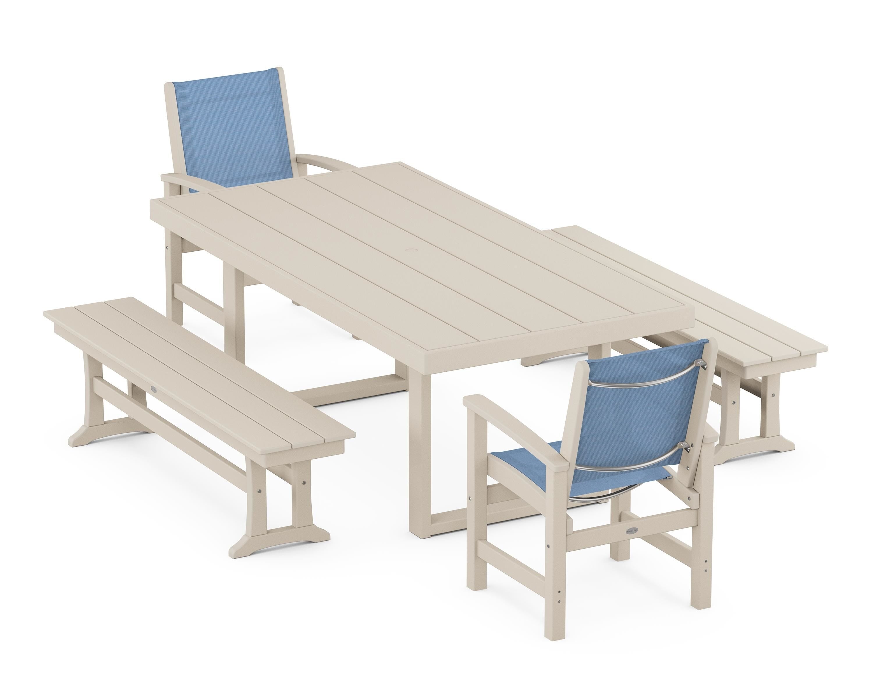 POLYWOOD® Coastal 5-Piece Dining Set with Trestle Legs in Sand / Poolside Sling