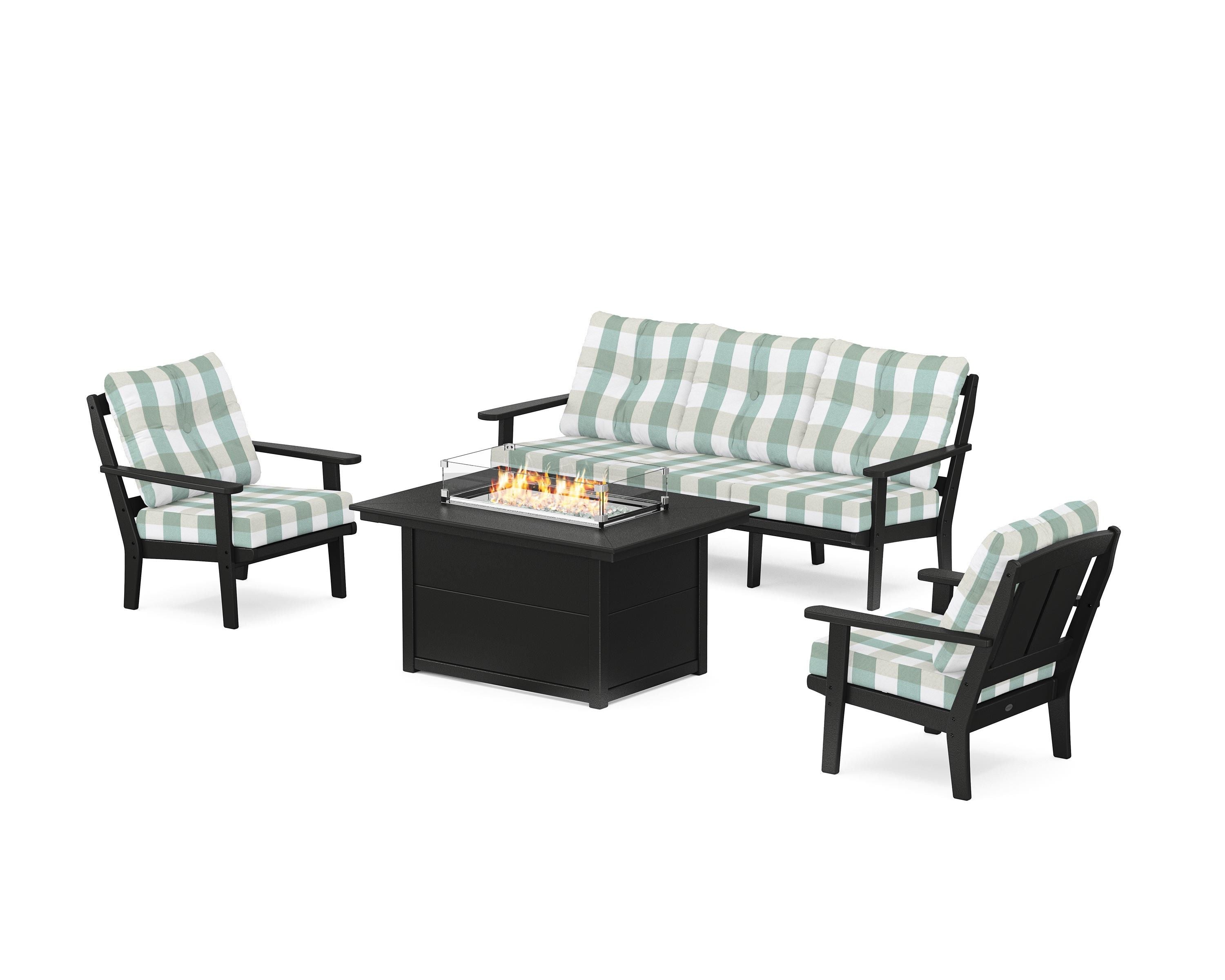 POLYWOOD® Mission Deep Seating Fire Pit Table Set in Black / Buffalo Plaid Glacier Spa