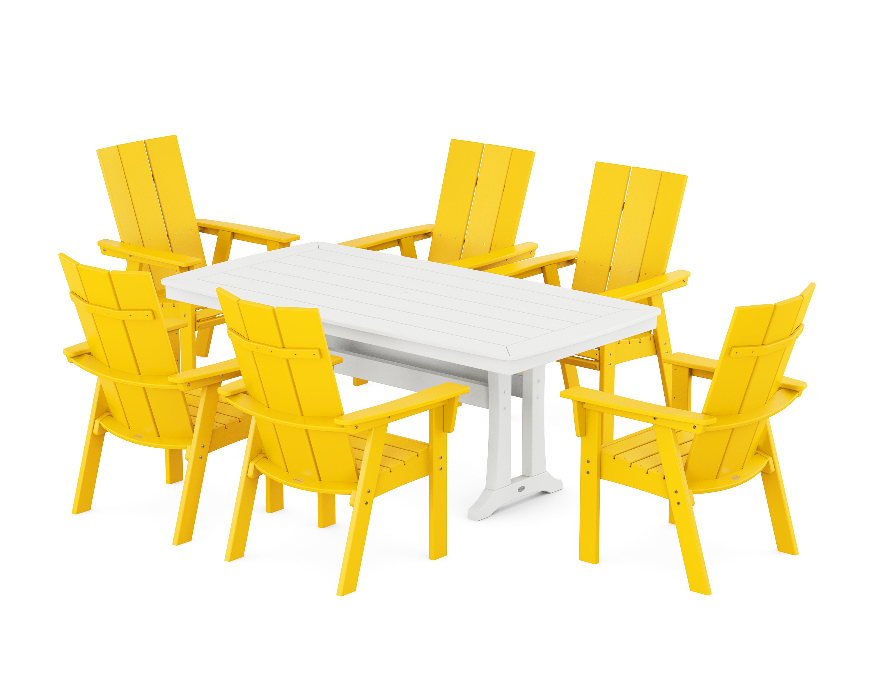 POLYWOOD® Modern Curveback Adirondack 7-Piece Dining Set with Trestle Legs in Lemon / White