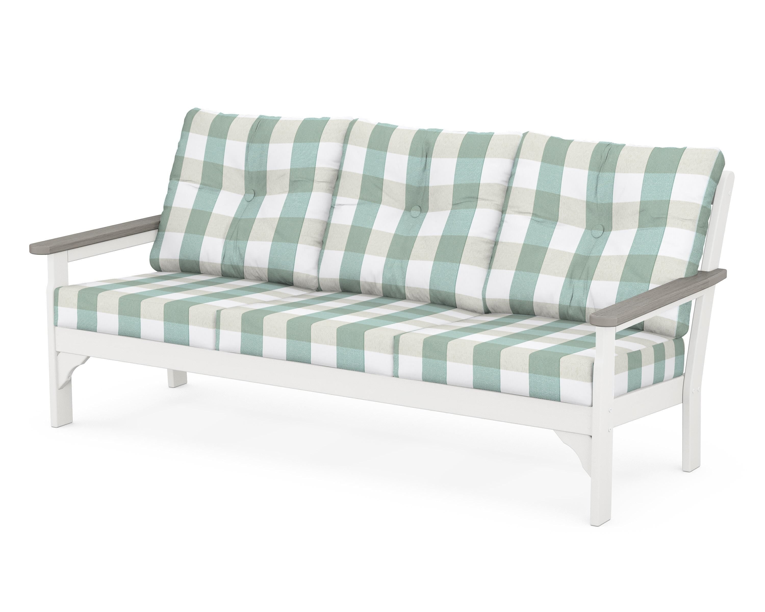 POLYWOOD® Vineyard Deep Seating Sofa in White / Driftwood / Buffalo Plaid Glacier Spa