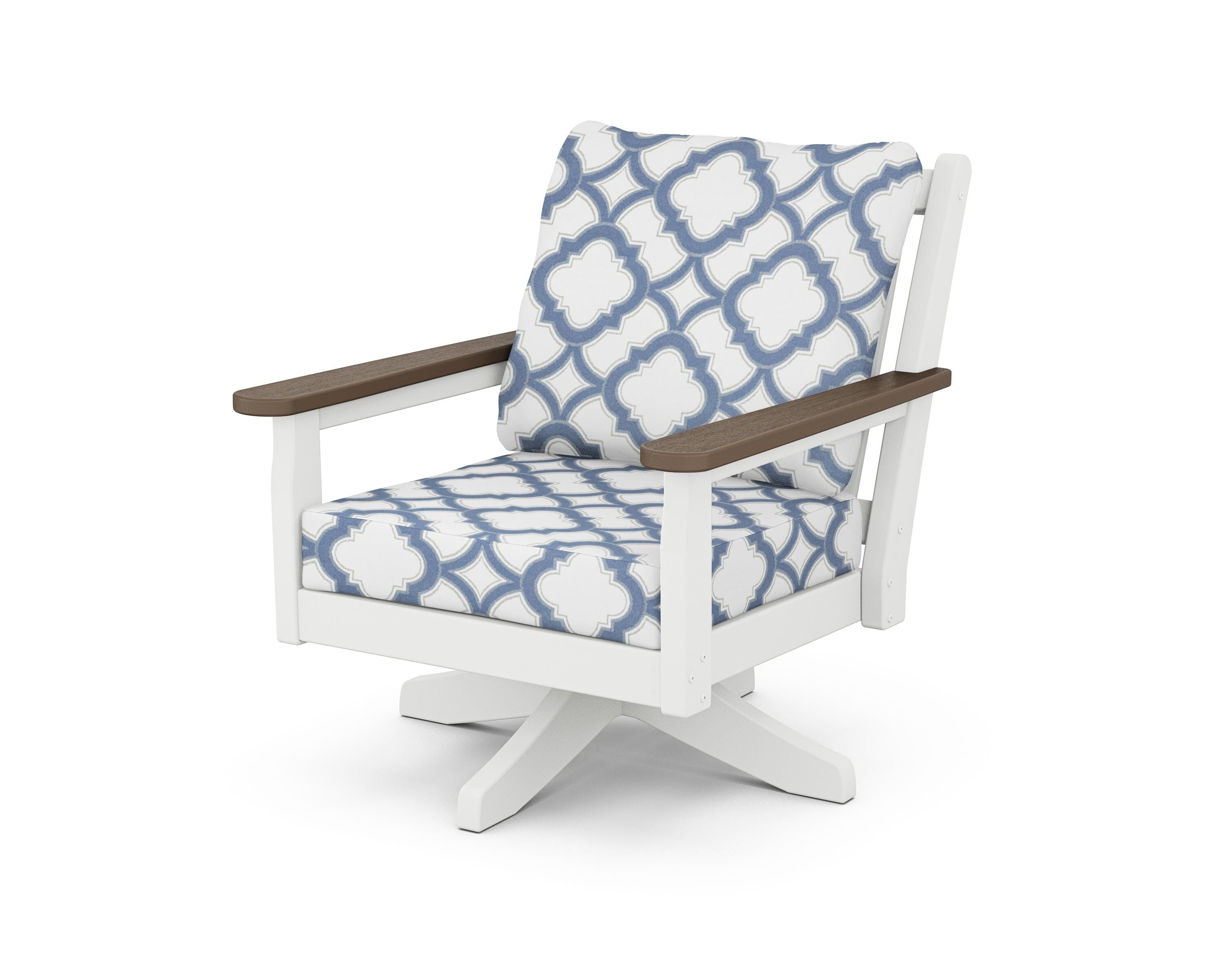POLYWOOD® Chippendale Deep Seating Swivel Chair in White / Kona / Trellis Sky Blue