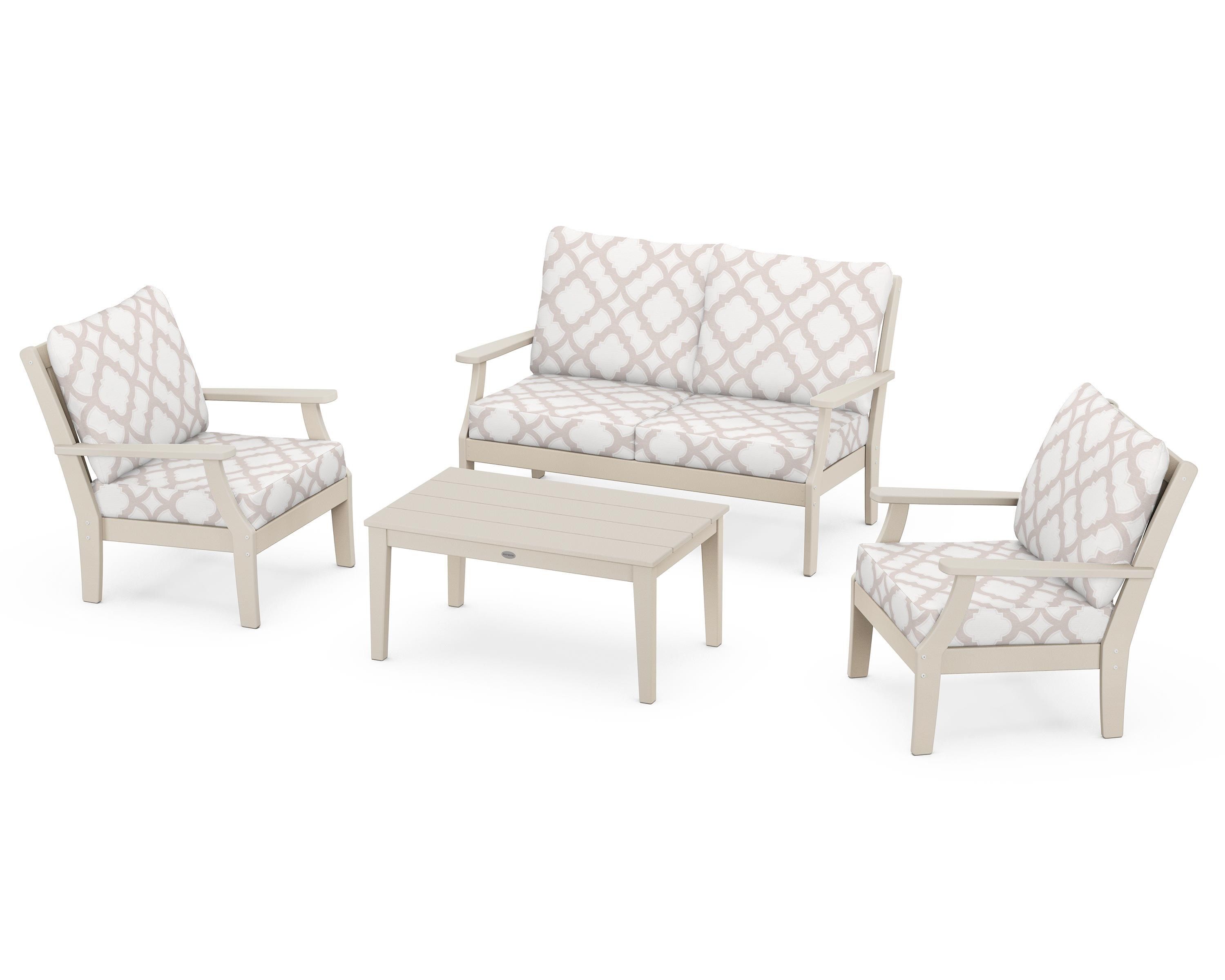 POLYWOOD® Braxton 4-Piece Deep Seating Chair Set in Sand / Trellis Dune Burlap