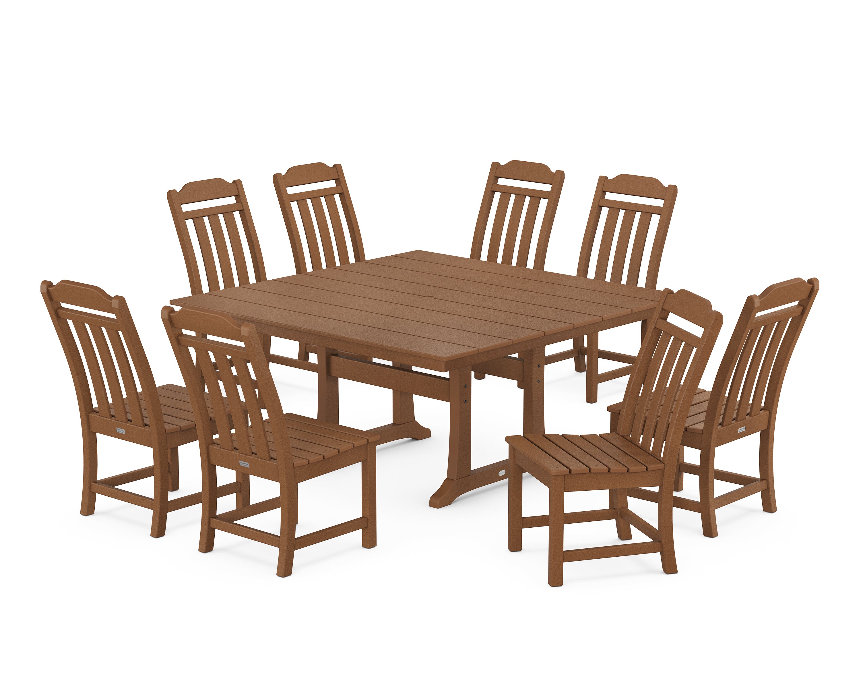 Country Living Cottage 9-Piece Square Farmhouse Side Chair Dining Set with Trestle Legs in Teak