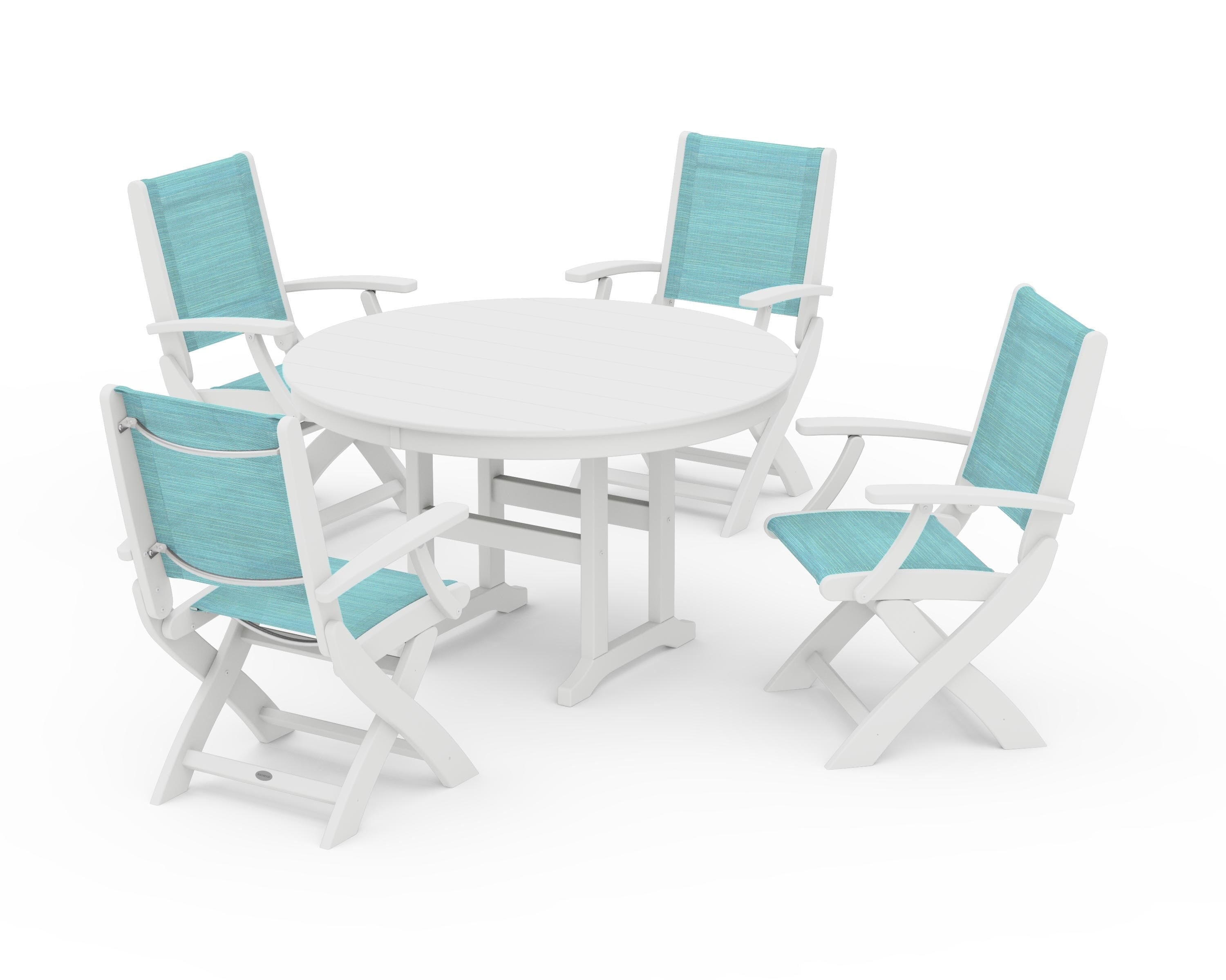 POLYWOOD® Coastal Folding Chair 5-Piece Round Dining Set in White / Dupioni Aquamarine Sling