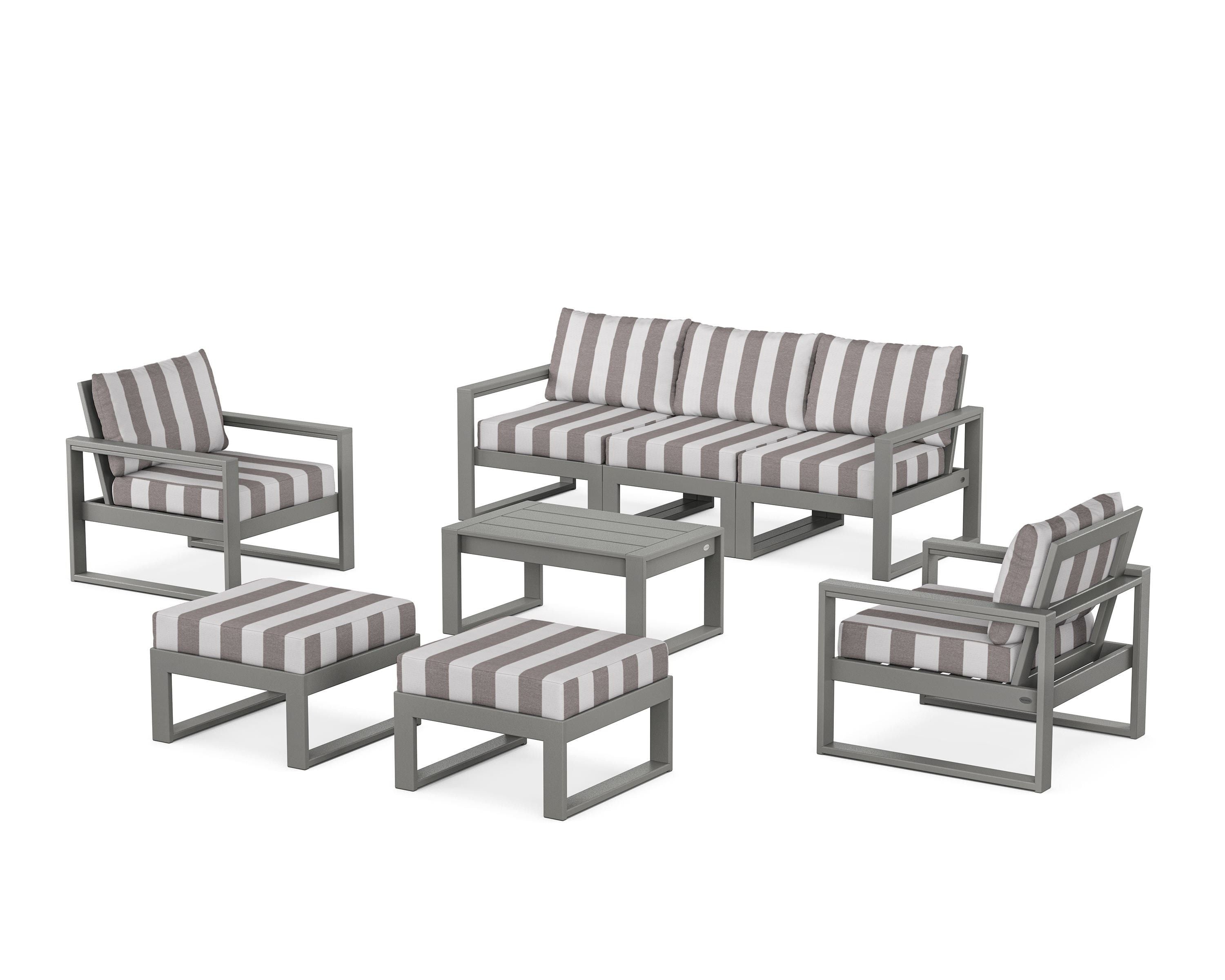POLYWOOD® EDGE Sectional 8-Piece Lounge Sofa Set in Slate Grey / Cabana Stripe Grey Mist