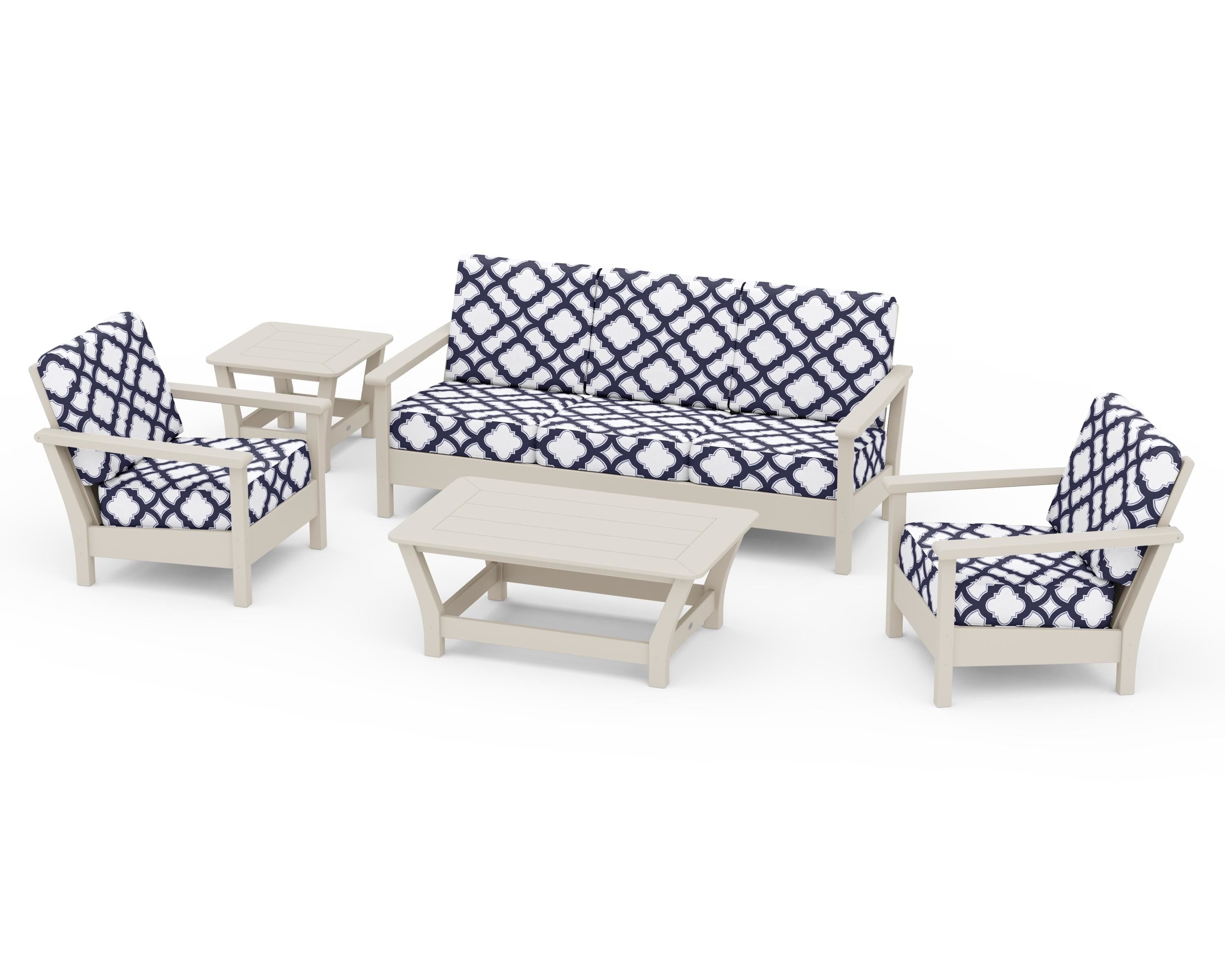 POLYWOOD® Harbour 5-Piece Deep Seating Set in Sand / Trellis Navy