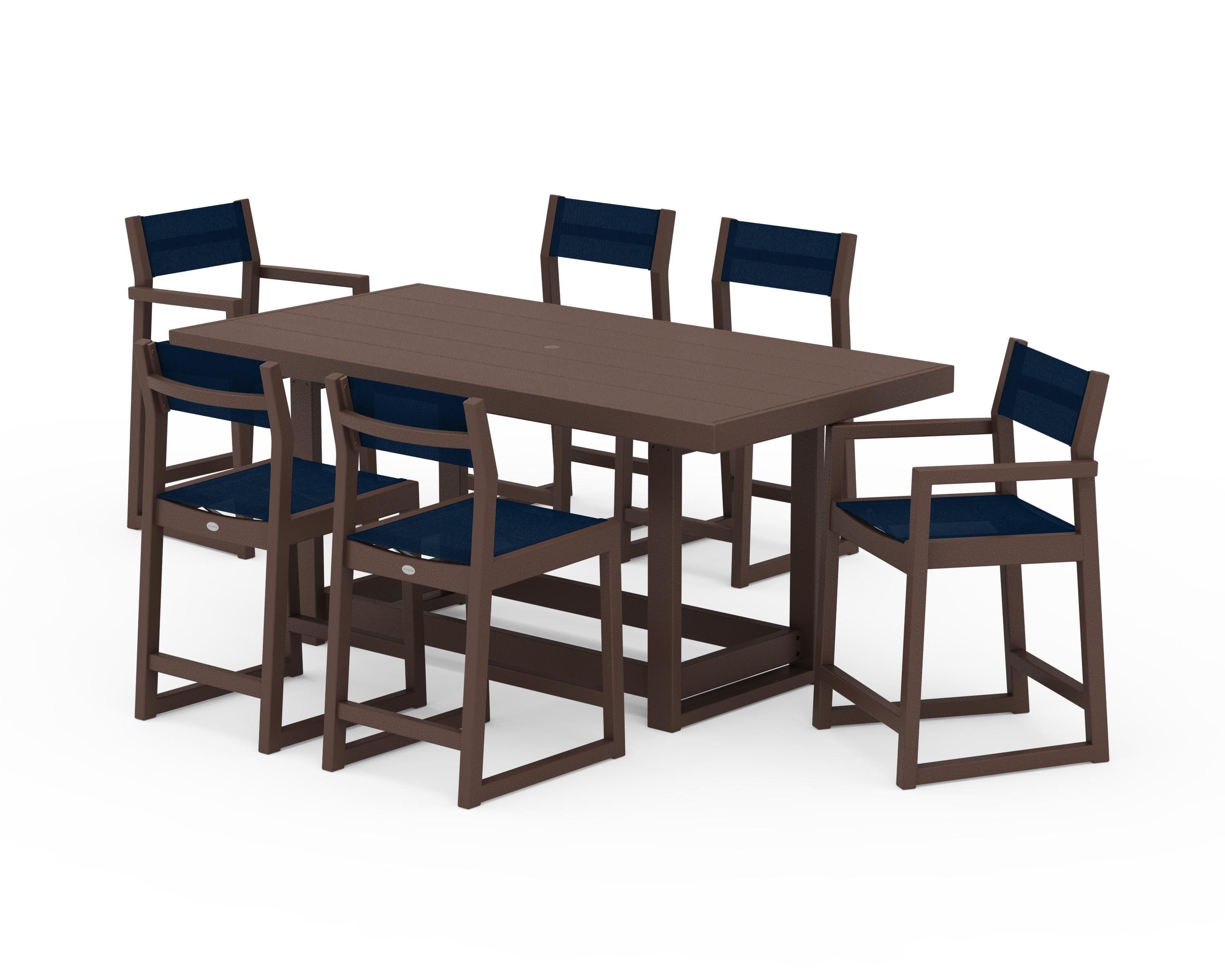 POLYWOOD® EDGE Sling 7-Piece Counter Table Set in Mahogany / Navy Blue Sling