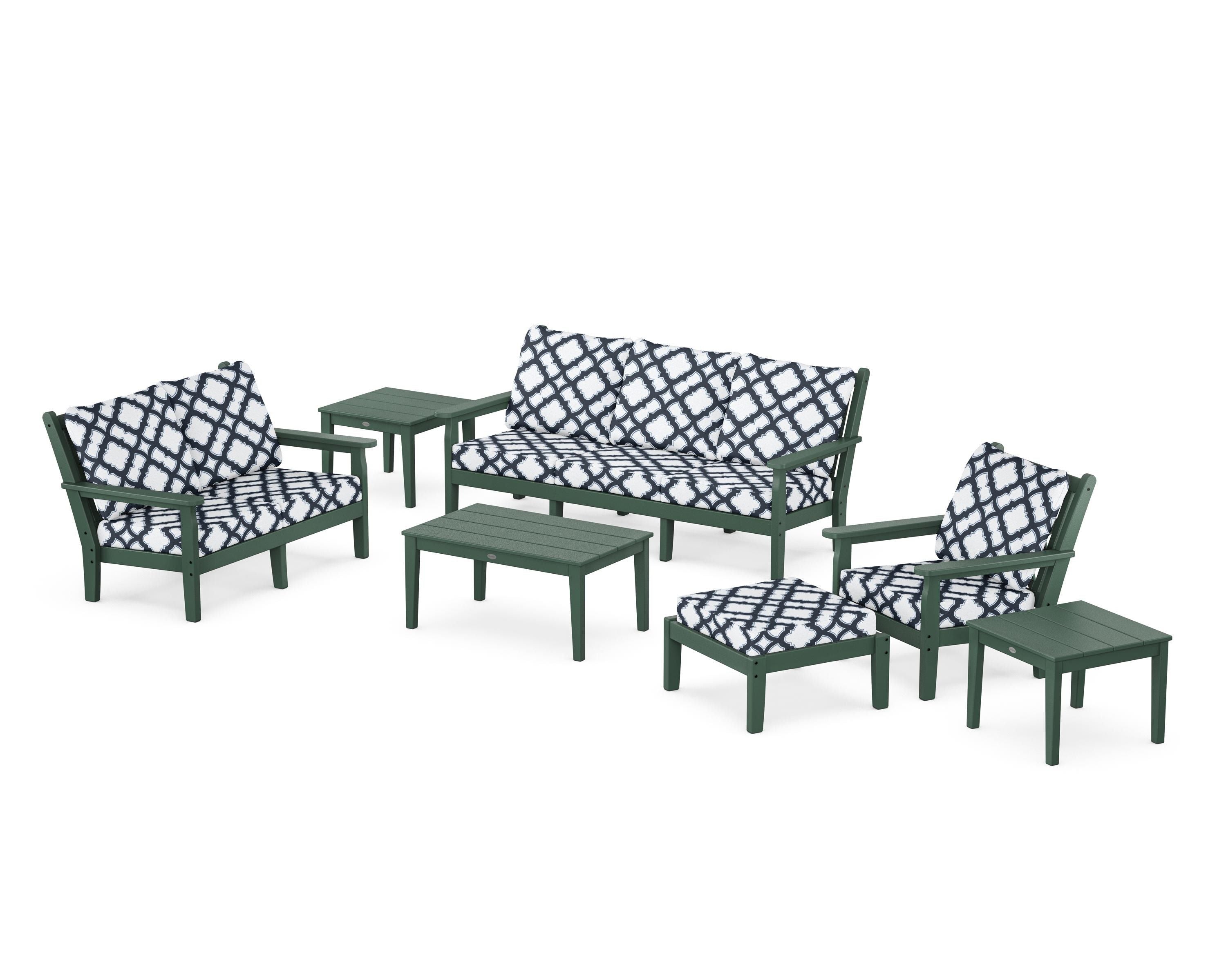 POLYWOOD® Chippendale 7-Piece Deep Seating Set in Green / Trellis Marine Indigo