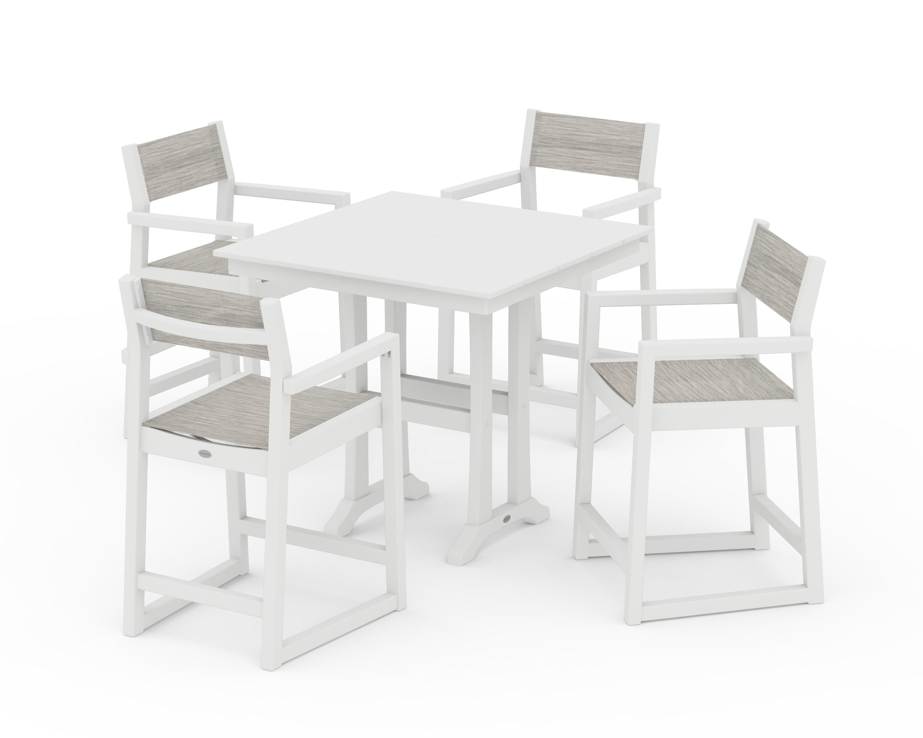 POLYWOOD® EDGE Sling Arm Chair 5-Piece Farmhouse Counter Set with Trestle Legs in White / Birch Sling