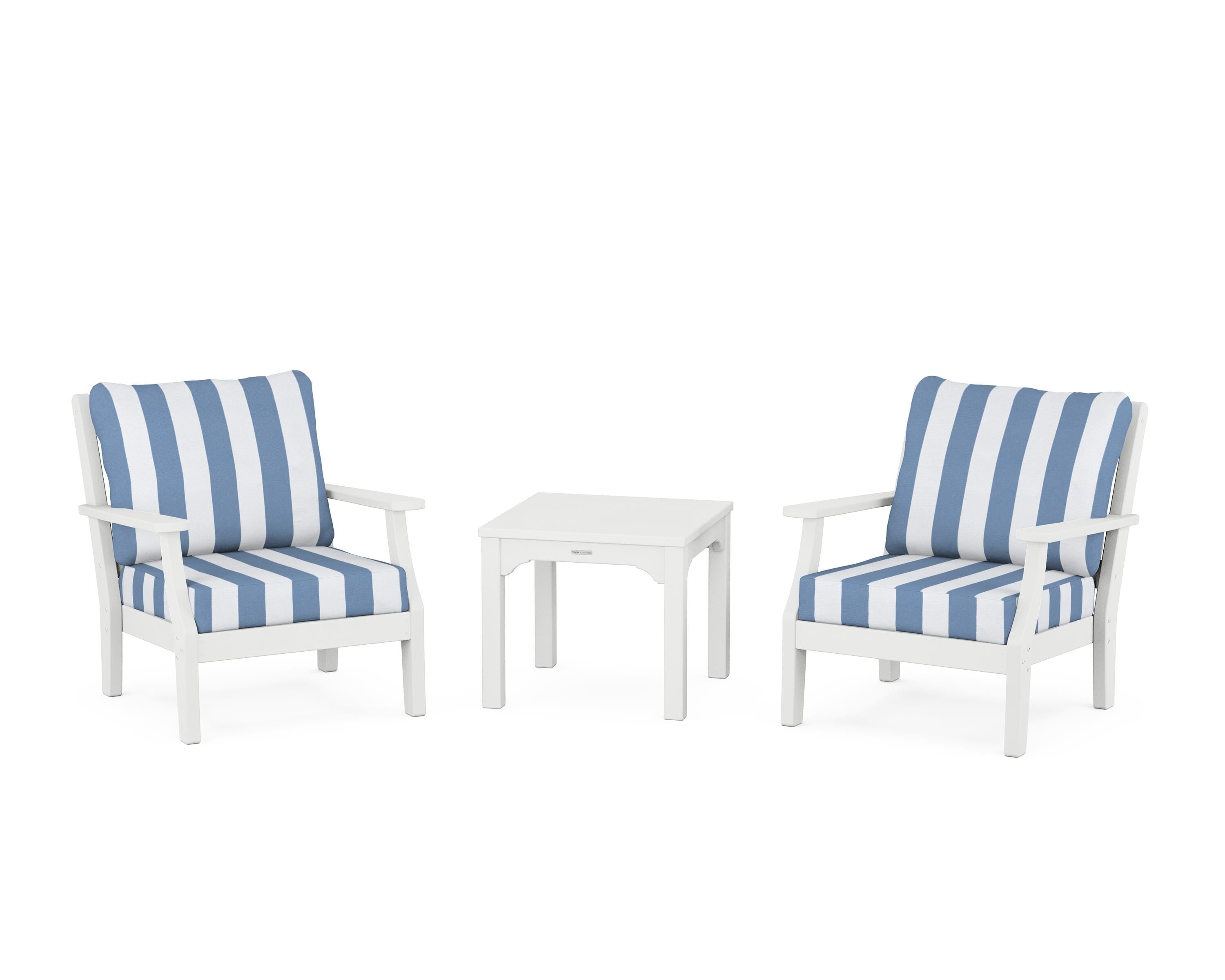 Martha Stewart by POLYWOOD® Chinoiserie 3-Piece Deep Seating Set in White / Cabana Stripe Sky Blue