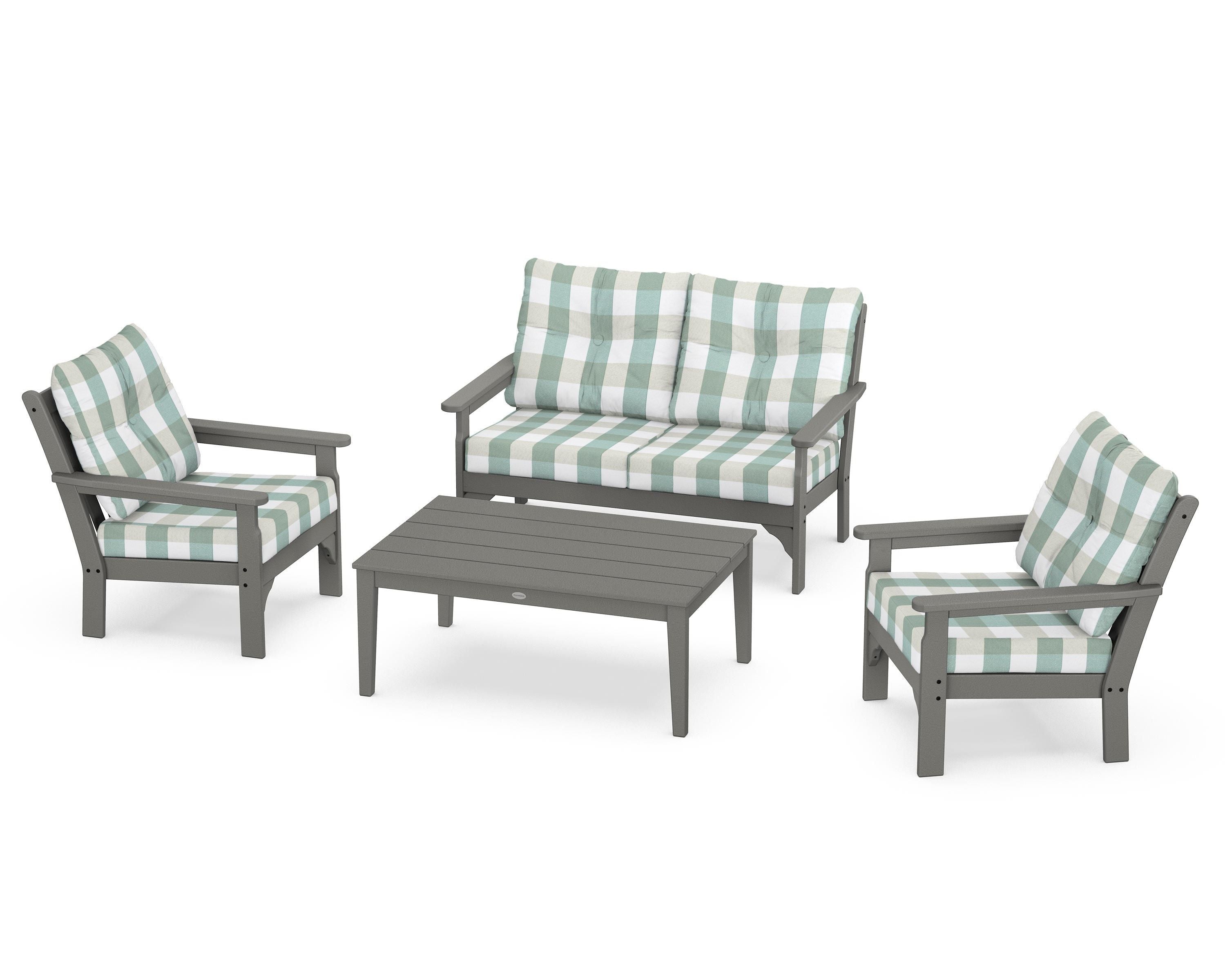 POLYWOOD® Vineyard 4-Piece Deep Seating Set in Slate Grey / Buffalo Plaid Glacier Spa