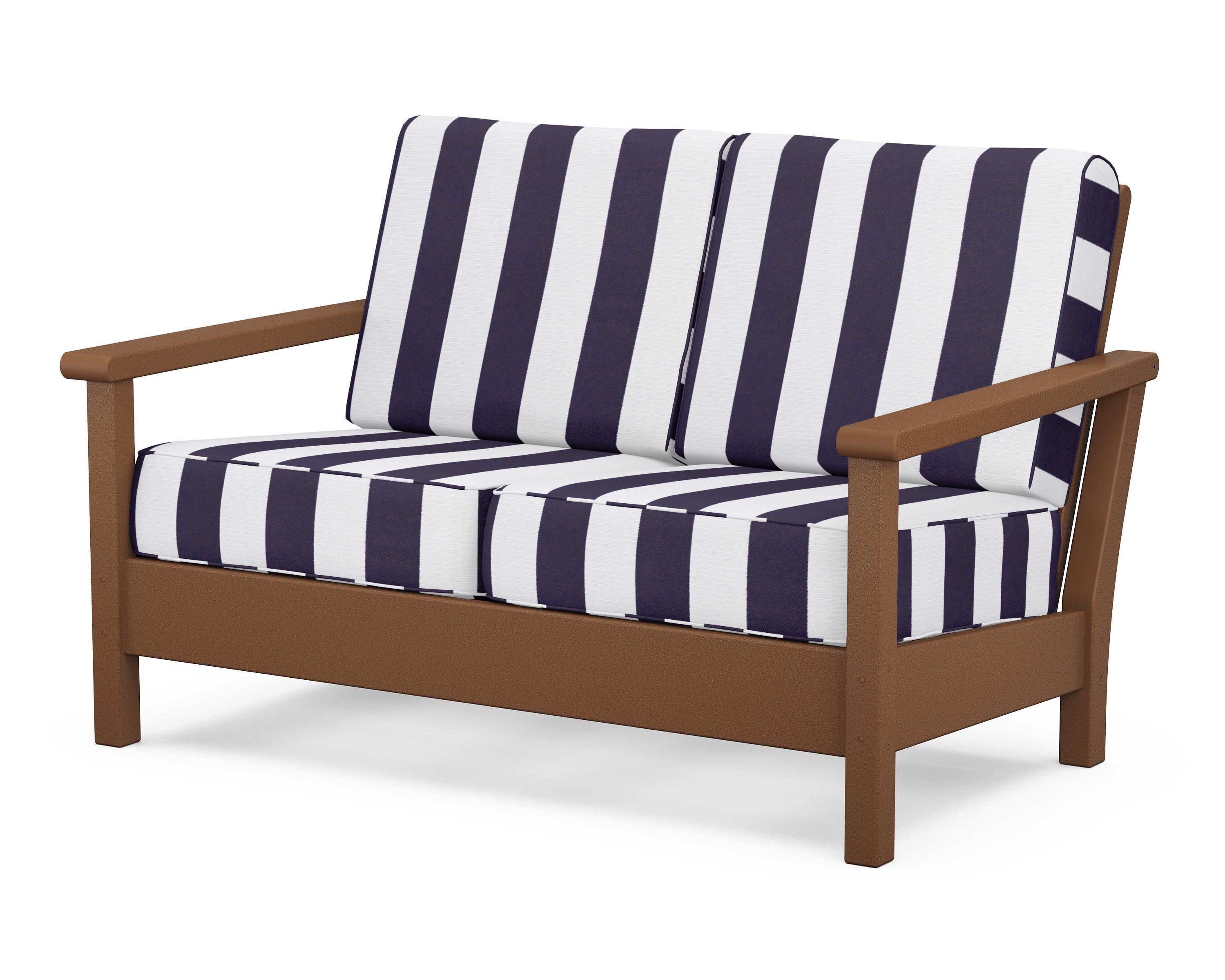 POLYWOOD® Harbour Deep Seating Loveseat in Teak / Cabana Stripe Navy