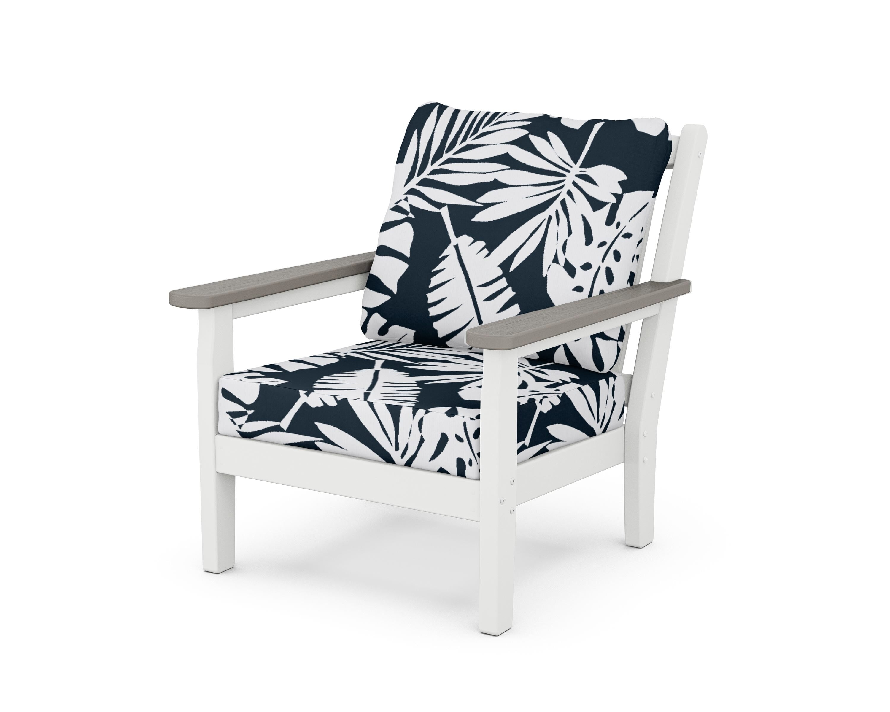 POLYWOOD® Chippendale Deep Seating Chair in White / Driftwood / Leaf Marine Indigo