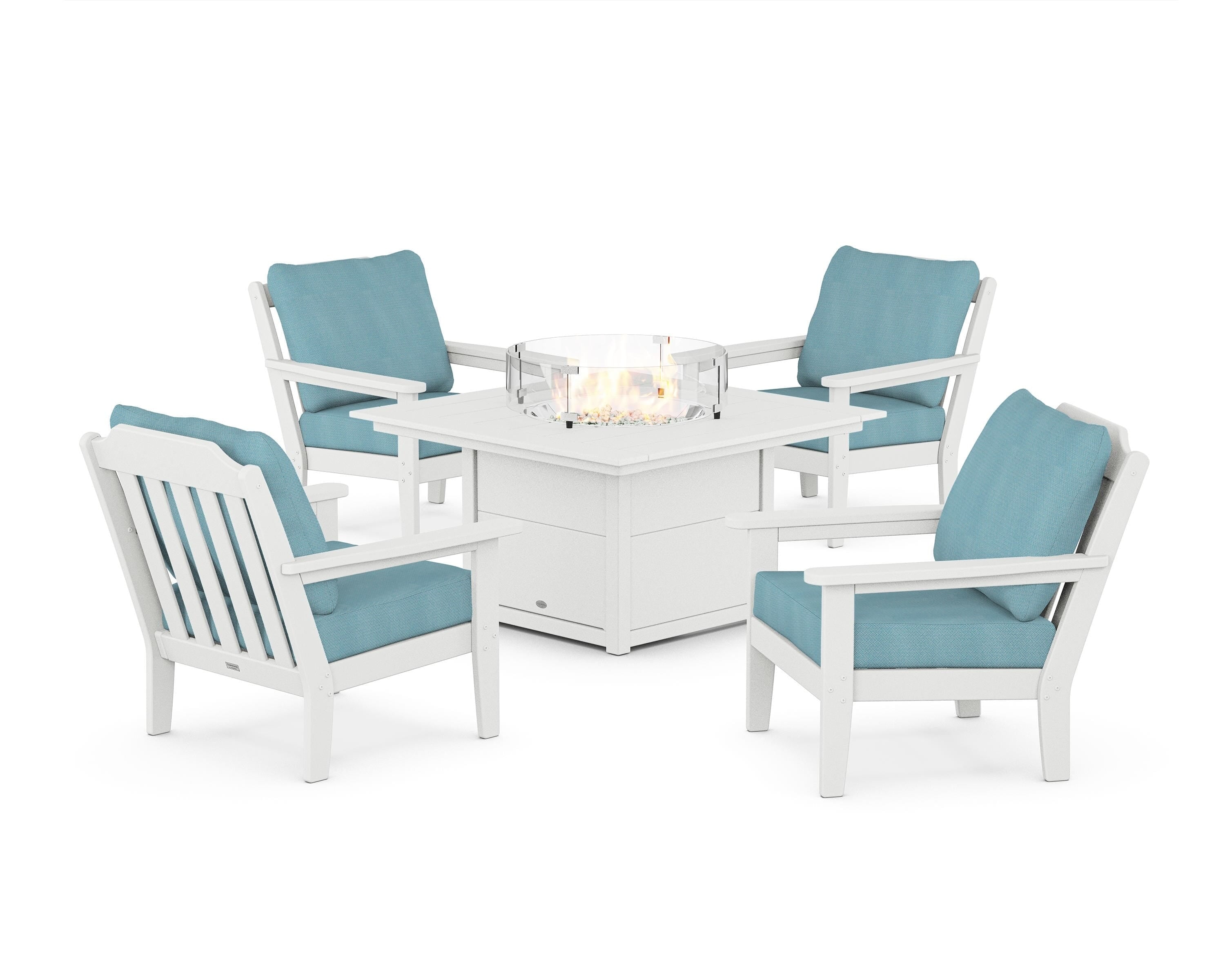 Country Living Cottage 5-Piece Deep Seating Set with Fire Pit Table in White / Lattice Sky Blue