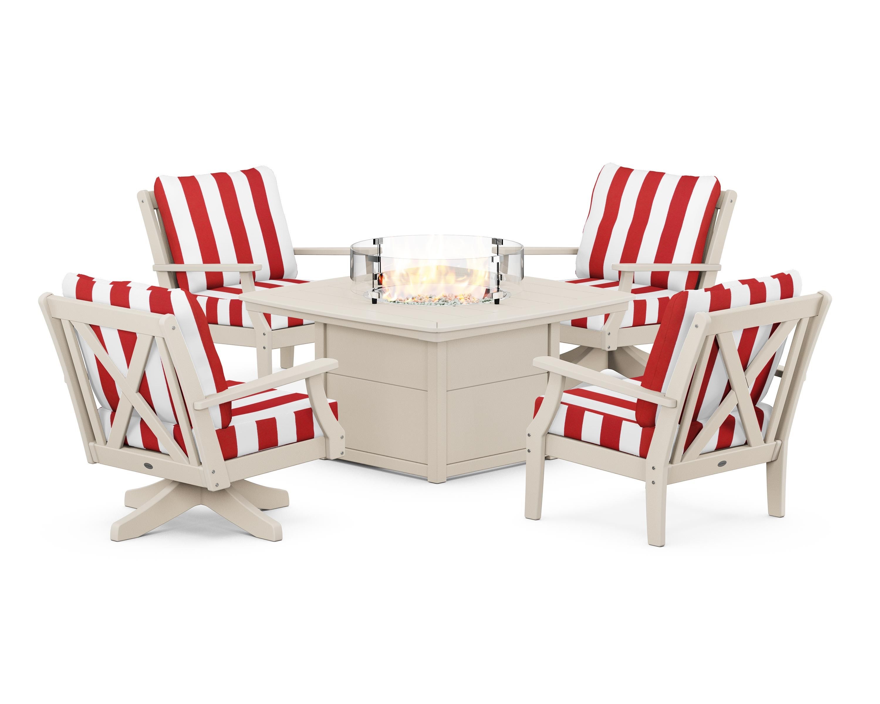 POLYWOOD® Braxton 5-Piece Deep Seating Set with Fire Table in Sand / Cabana Stripe Crimson