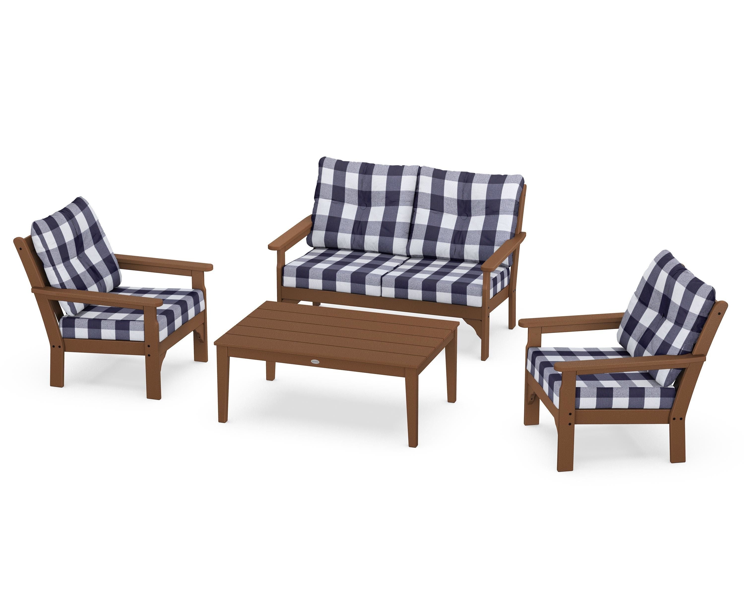 POLYWOOD® Vineyard 4-Piece Deep Seating Set in Teak / Buffalo Plaid Navy