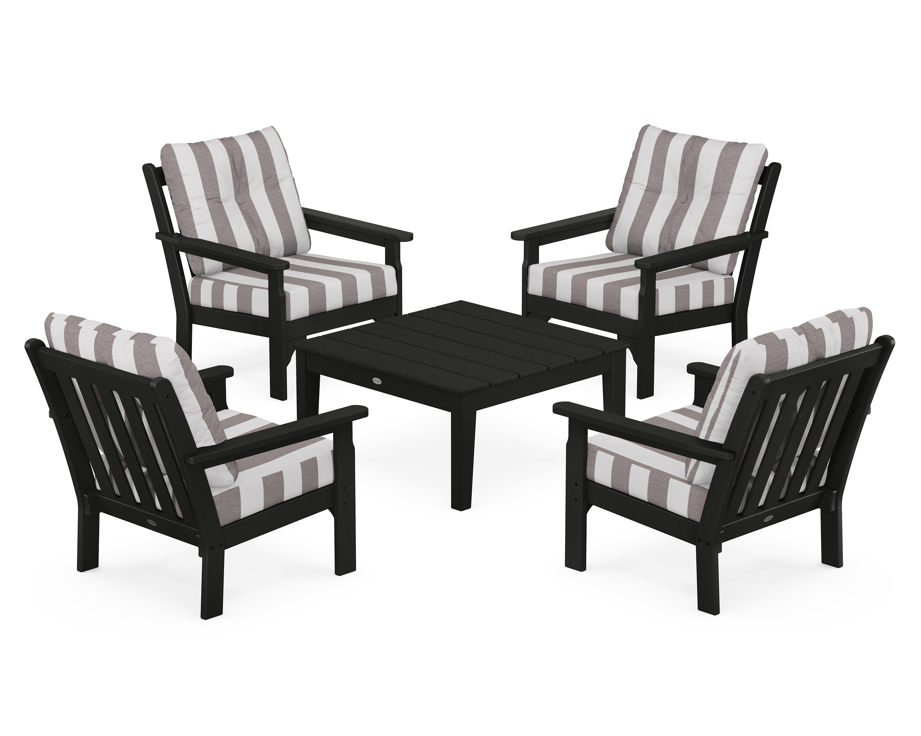 POLYWOOD® Vineyard 5-Piece Deep Seating Conversation Set in Black / Cabana Stripe Grey Mist