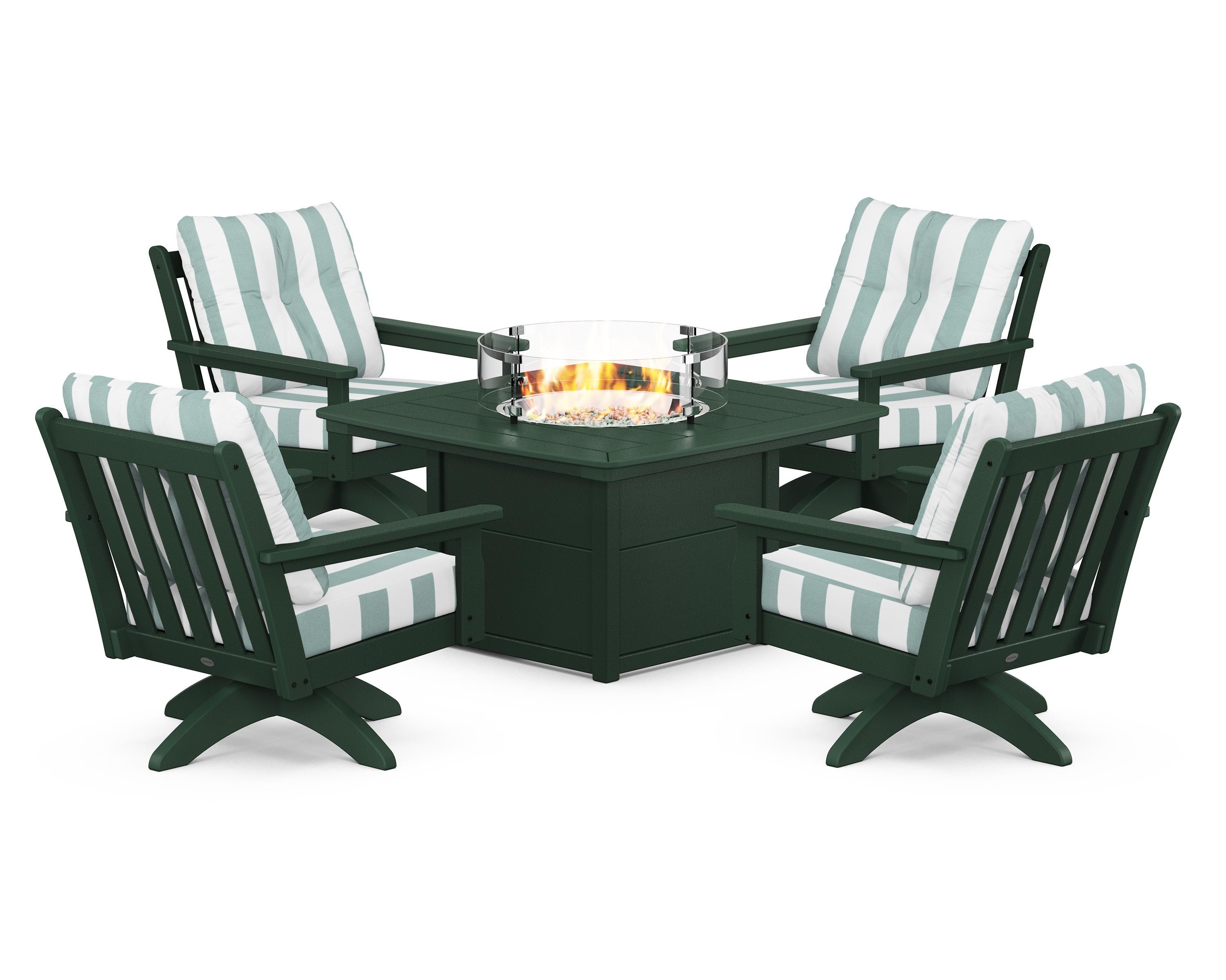 POLYWOOD® Vineyard 5-Piece Deep Seating Swivel Conversation Set with Fire Pit Table in Green / Cabana Stripe Glacier Spa