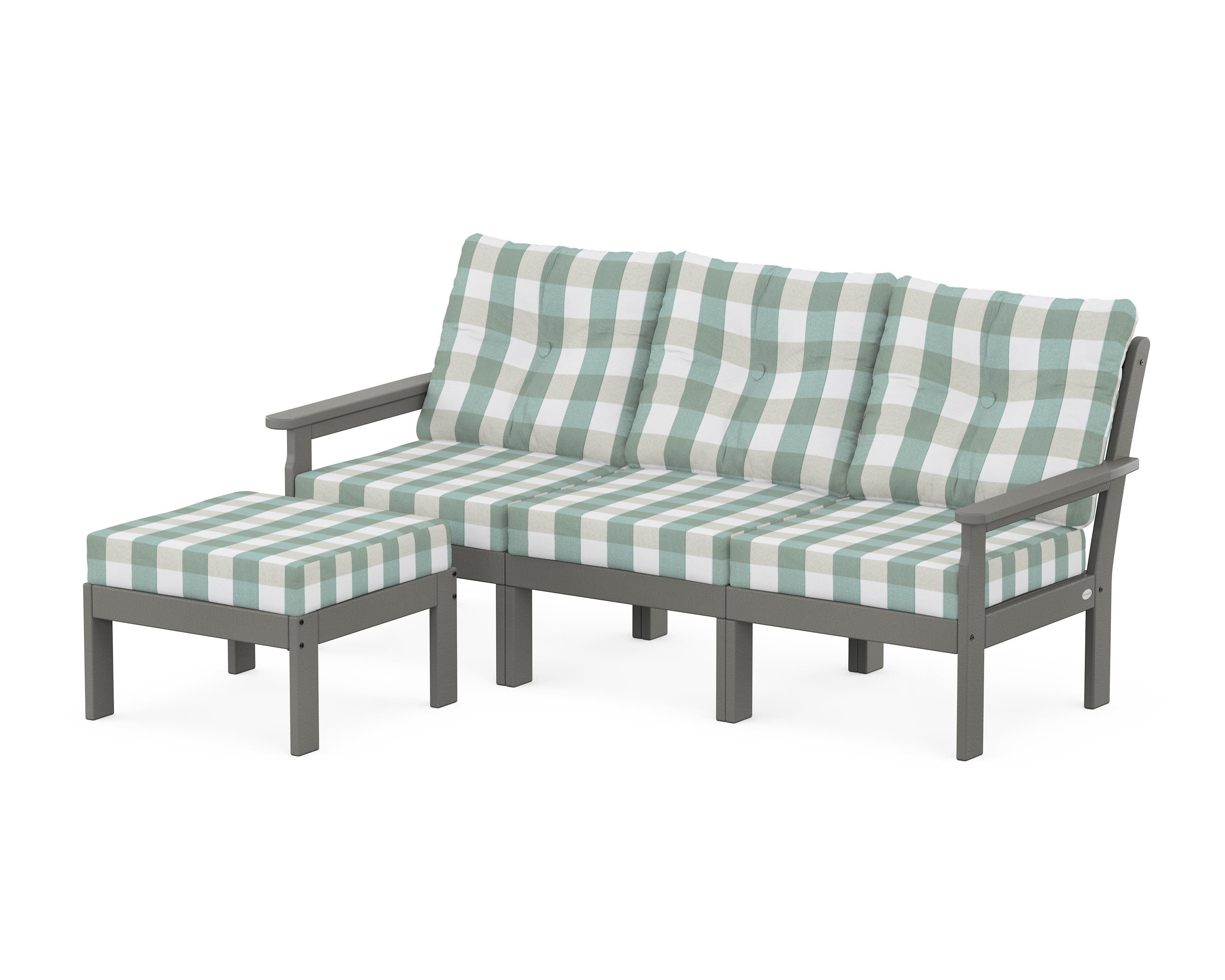 POLYWOOD® Vineyard 4-Piece Sectional with Ottoman in Slate Grey / Buffalo Plaid Glacier Spa