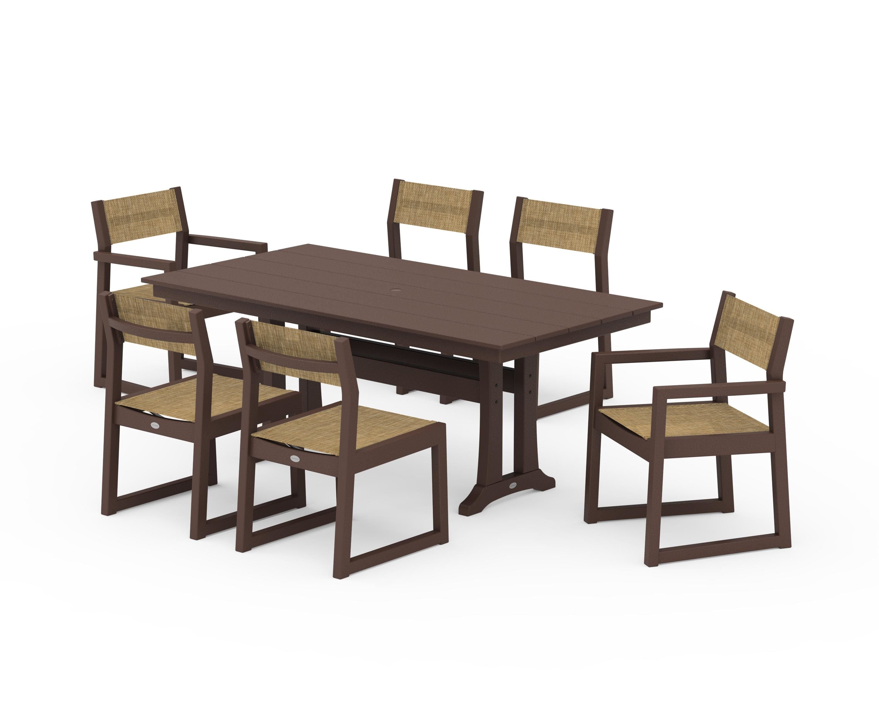 POLYWOOD® EDGE Sling 7-Piece Farmhouse Trestle Dining Set in Mahogany / Burlap Sling